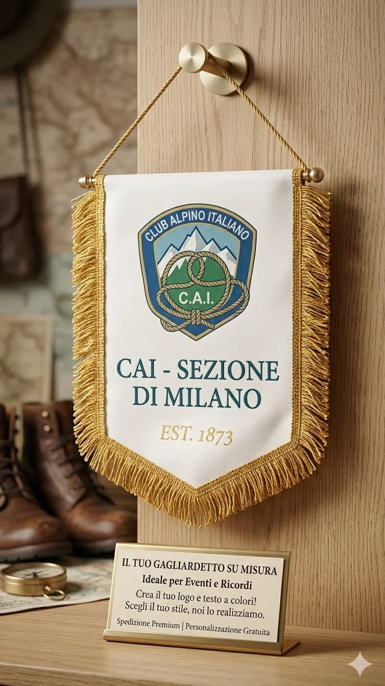Gagliardetti Personalizzati 20x28 cm con Bordo Dorato in Raso, Cordino, Astina Rigida e Custodia