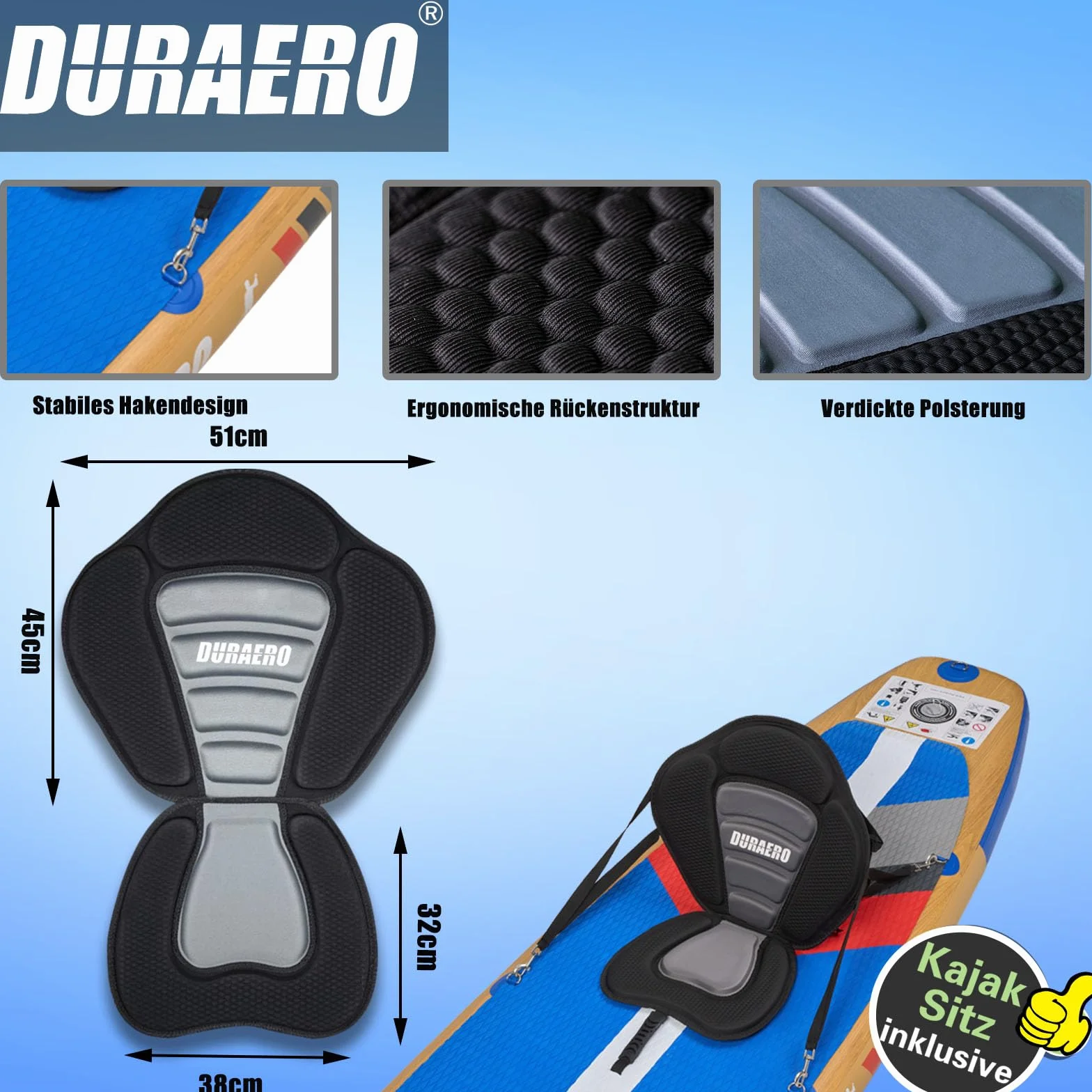 DURAERO Tavola SUP gonfiabile XXL 330cm, stand up paddle con sedile kayak e poggiapiedi, pagaia doppia, supporto fotocamera, accessori completi, portata 150 kg, effetto legno