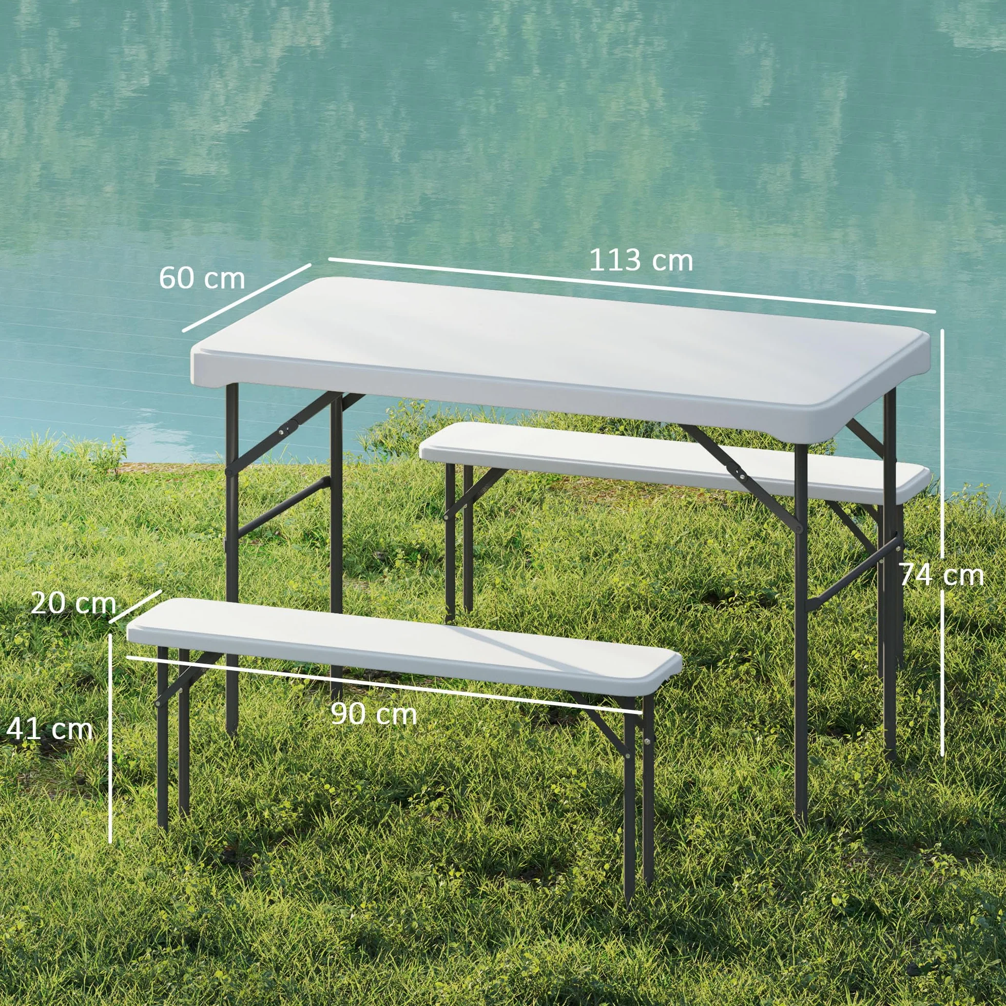 Outsunny Set tavolo pieghevole e panche da picnic 113 cm, grigio chiaro
