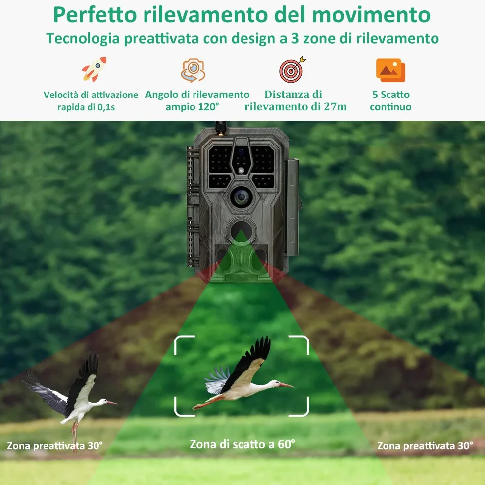 GardePro E8 Fototrappola WiFi Bluetooth 64MP 1296P H.264 Video Notturna IP66 No-Glow IR 30m