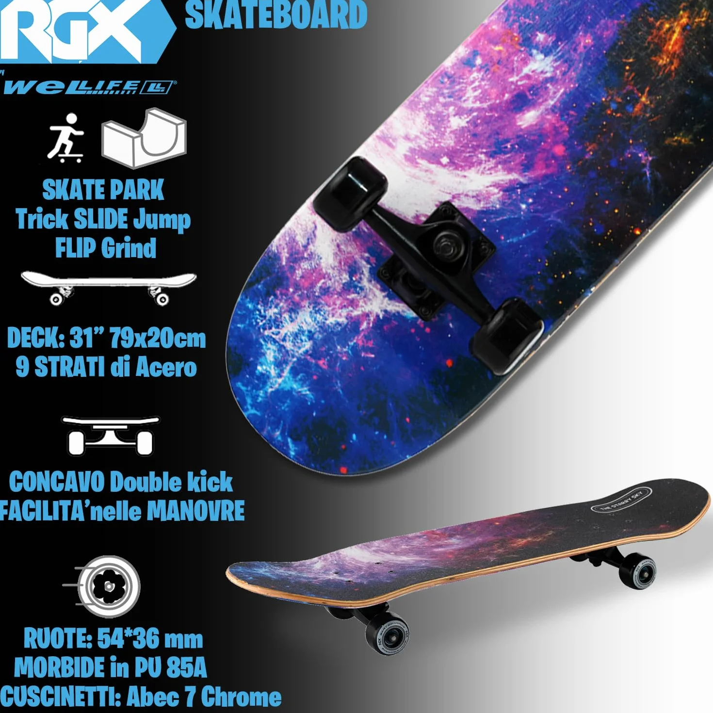 WeLLIFE Skateboard Completo Serie RGX 80x20 cm 9 Strati d’Acero Concavo Double Kick Cuscinetti Abec-7