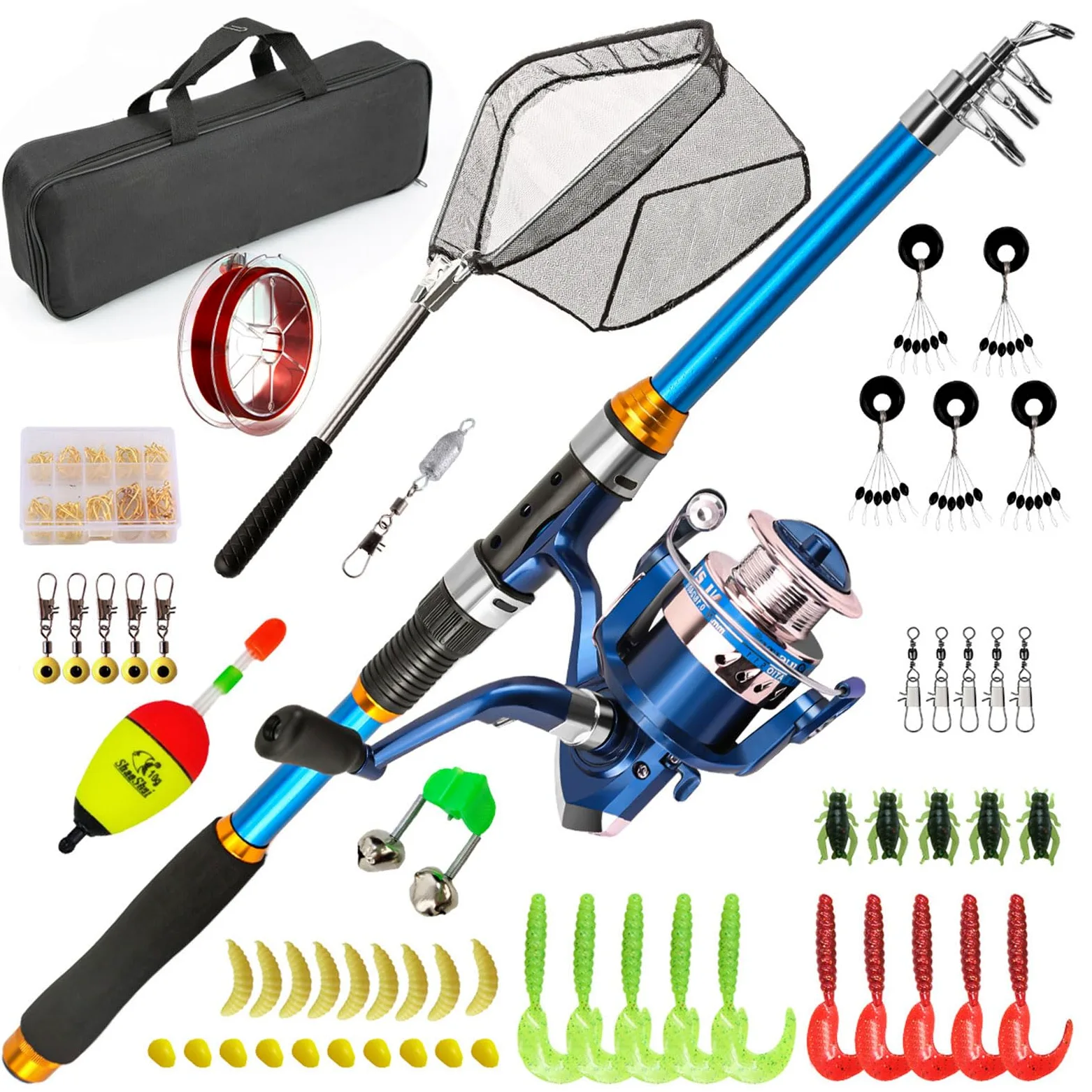 Canna da pesca telescopica e mulinello da spinning, kit completo di attrezzatura con esche, ganci, lenza, borsa per il trasporto per pesca d'acqua dolce e salata