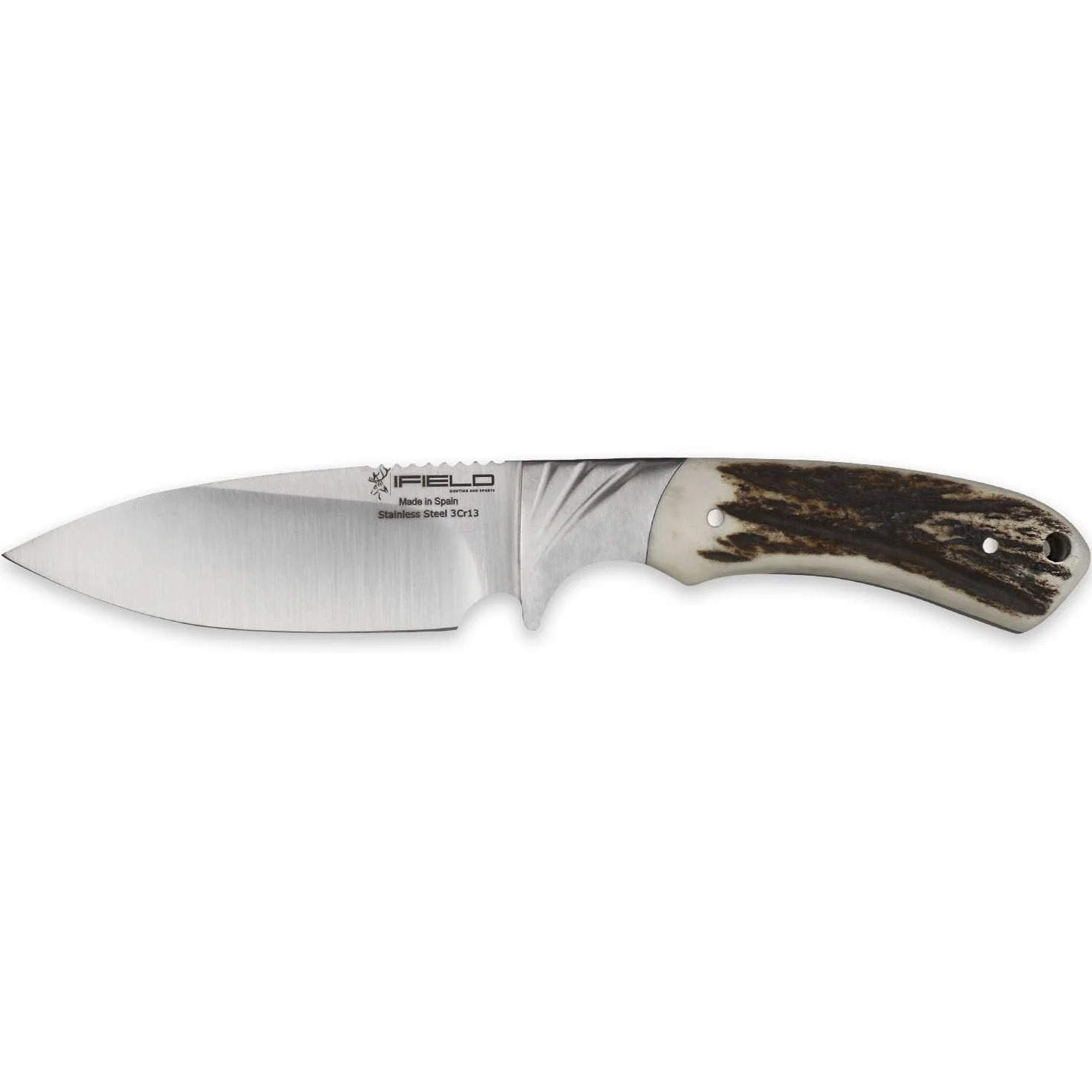 iFIELD EL29019 Coltello multifunzionale per escursioni, caccia e sopravvivenza all'aperto, manico in corno di cervo, lama in acciaio inossidabile, fodero in pelle di alta qualità in colore marrone