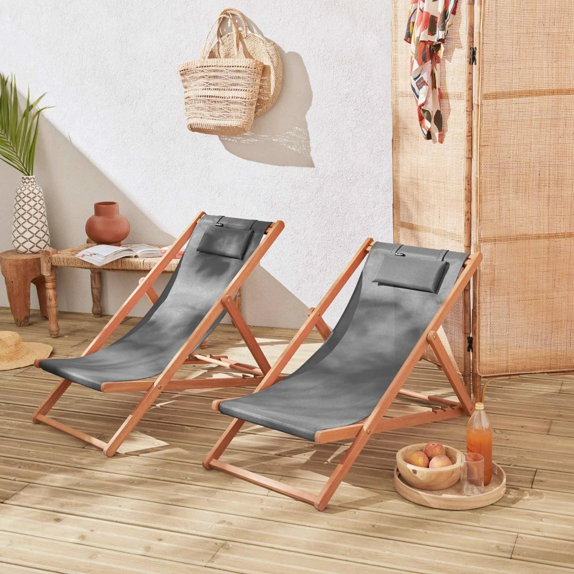 Set 2 sedie sdraio in legno con cuscino poggiatesta Antracite - 102x56x86 cm