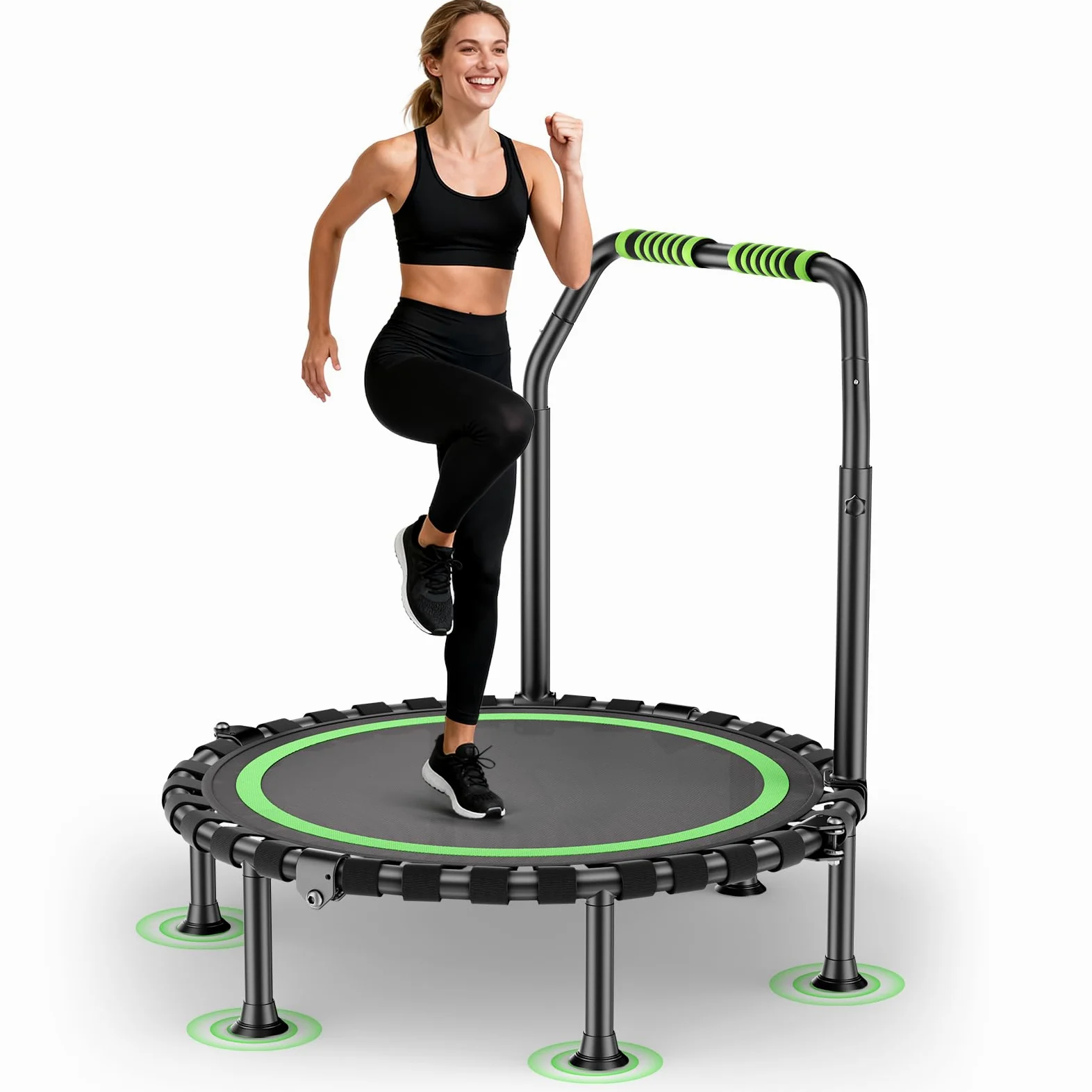 Trampolino pieghevole Ø 101 cm, per jumping fitness, portata 150 kg, altezza del corrimano regolabile, allenamento di resistenza, diversi gruppi di persone
