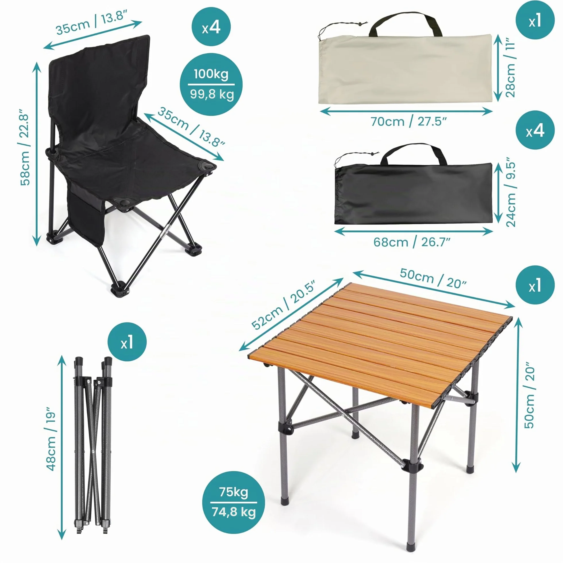 BELLE VOUS Set Campeggio 5 Pezzi Sedie e Tavolo Neri Pieghevoli Portatili per Esterno Interno Picnic Barbecue
