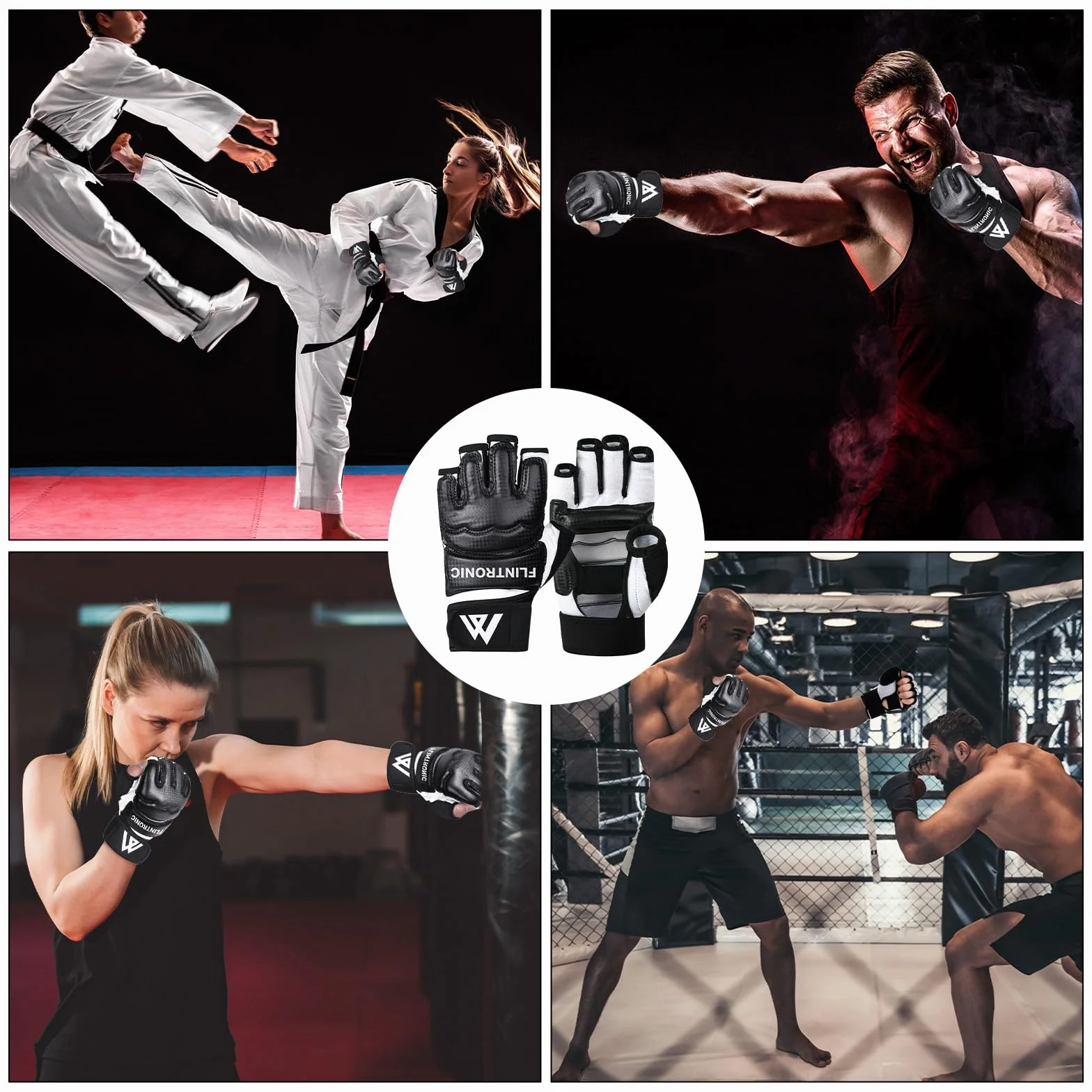 Flintronic Guanti da Boxe per Allenamento MMA Karate Taekwondo Muay Thai con Fascia Elastica