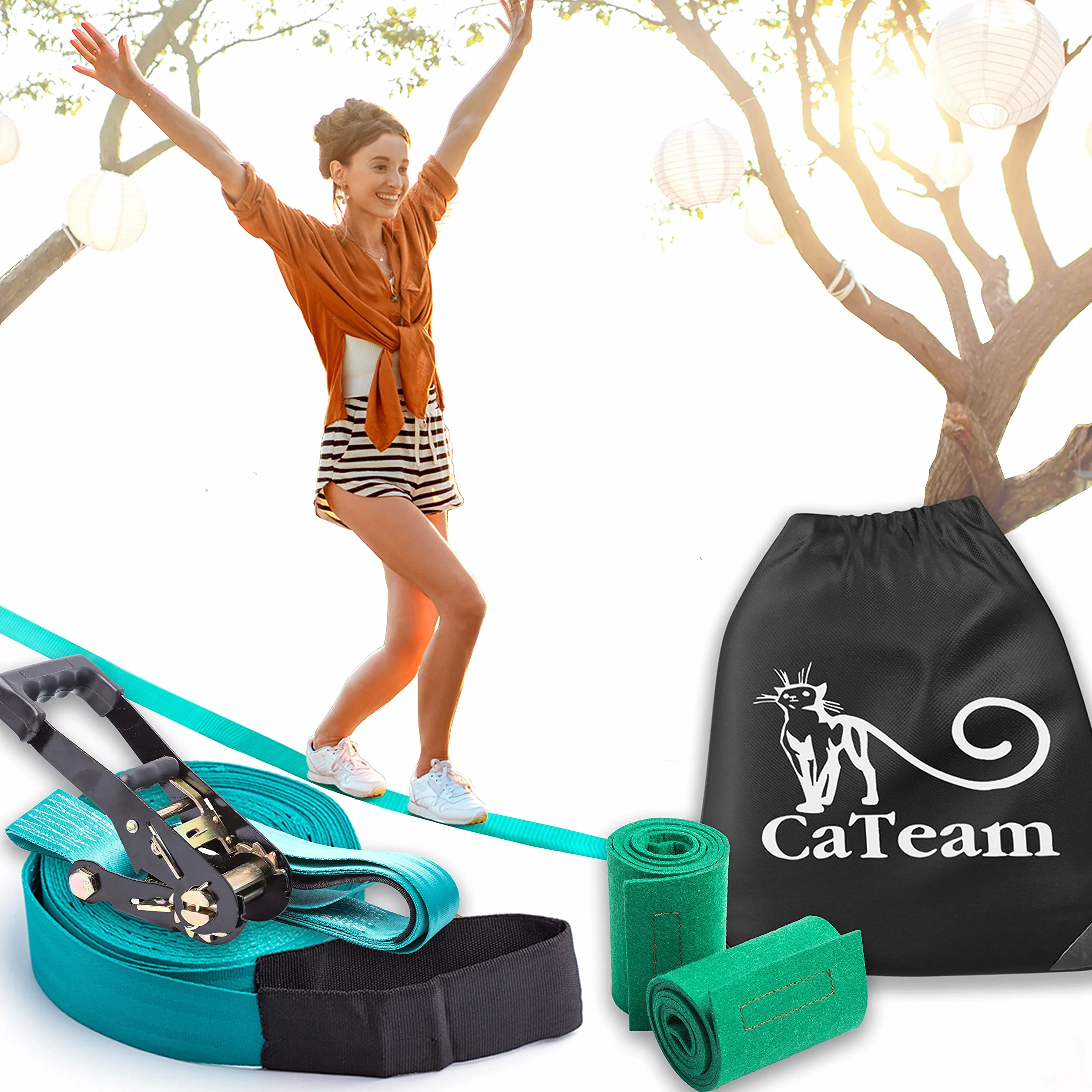 Slackline per allenamento dell'equilibrio 50' con cricchetto industriale resistente, protezione alberi e borsa trasporto