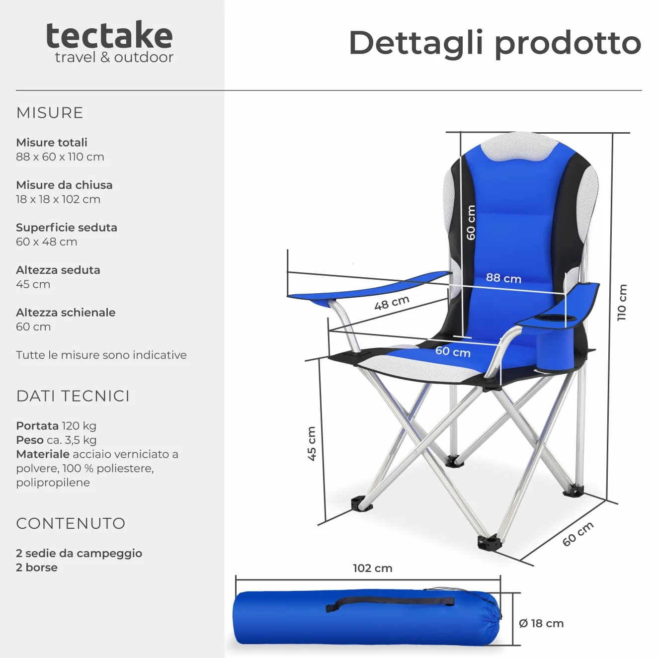 Tectake Sedia da Campeggio Pieghevole Imbottita con Tessuto a Rete e Porta Bevande