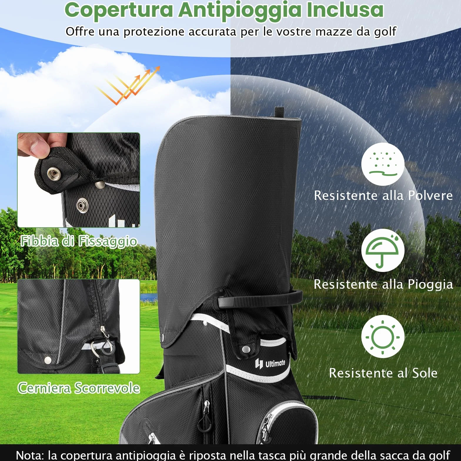 GYMAX Sacca da Golf per Carrello 14 Scomparti con Borsa Termica e Cappuccio Antipioggia