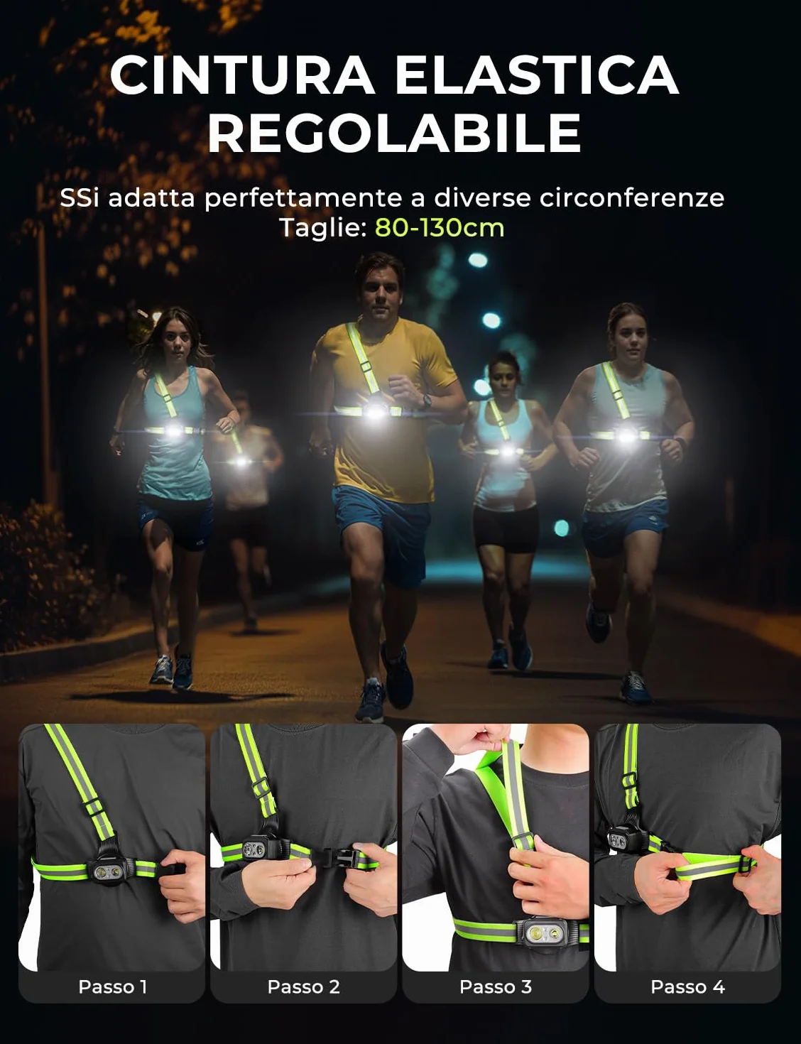 Luce Running con Strisce Riflettenti 500 Lumen Ricaricabile USB 7 Modalità IPX4 Impermeabile