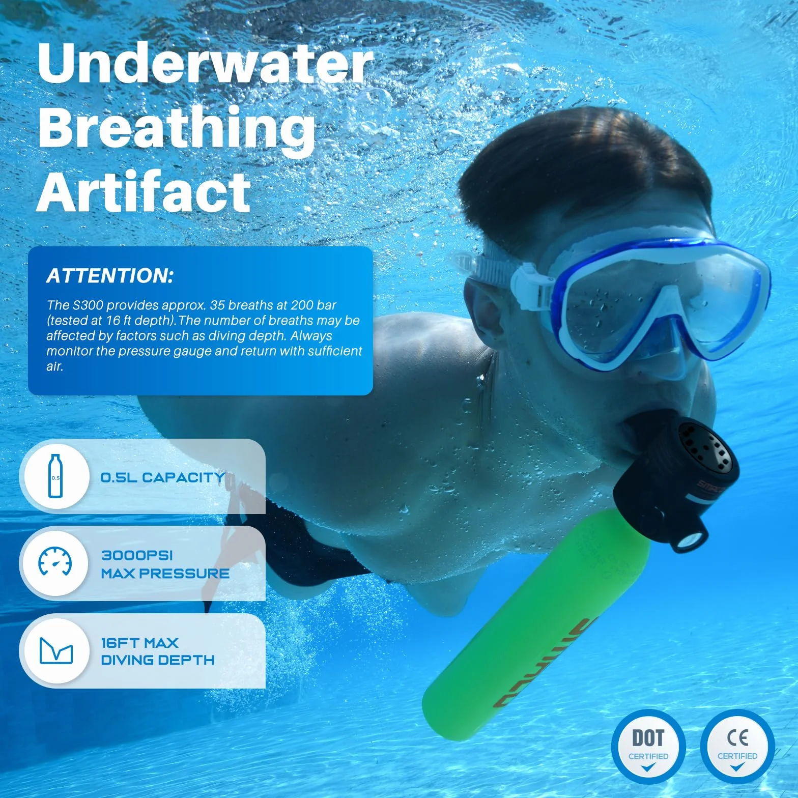 SMACO S300 Mini Bombola Subacquea 0.5L Portatile Scuba Tank Immersioni