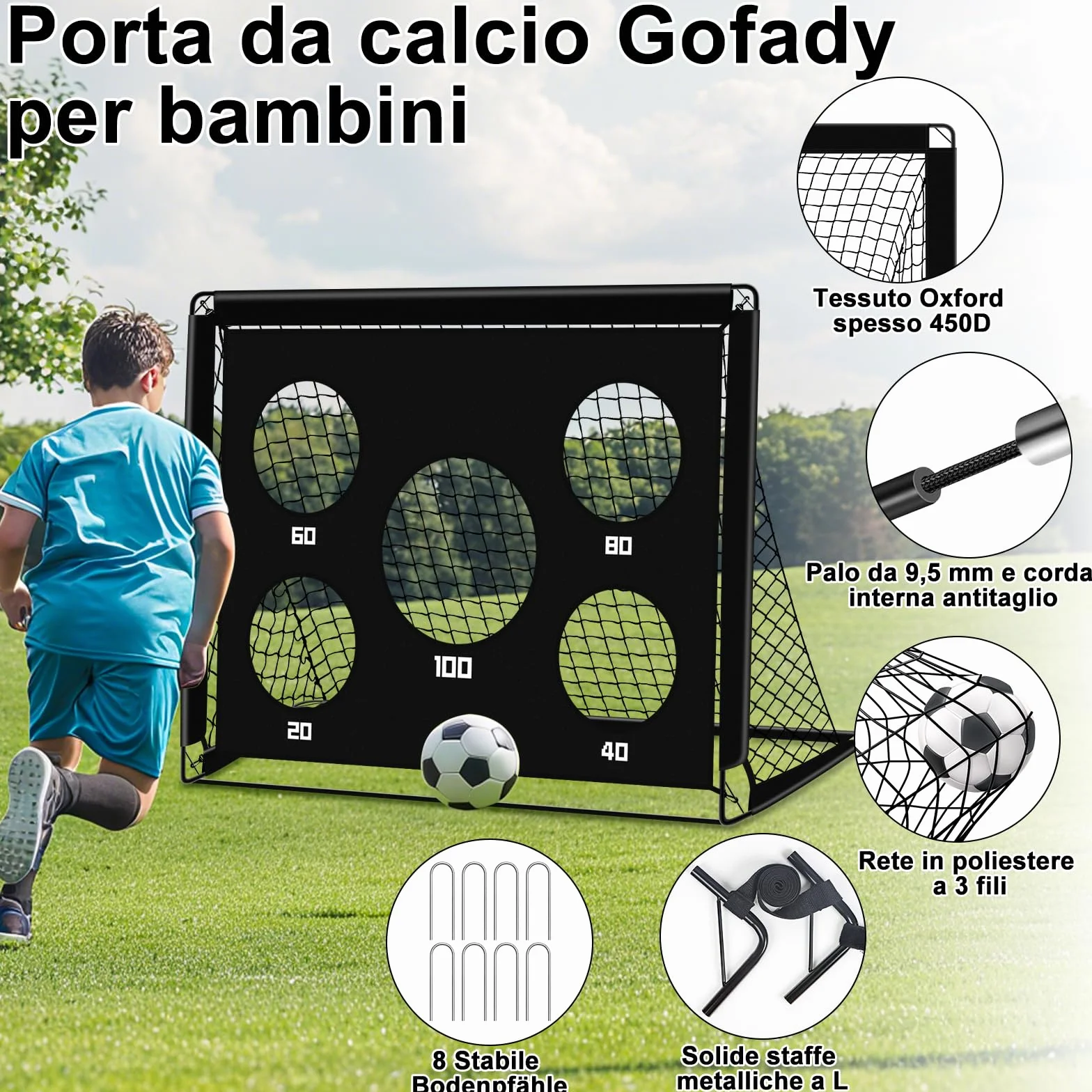 Porta da Calcio per Bambini 2 in 1, Portatile Pop Up con 5 Fori, Rete da Calcio per Interni ed Esterni