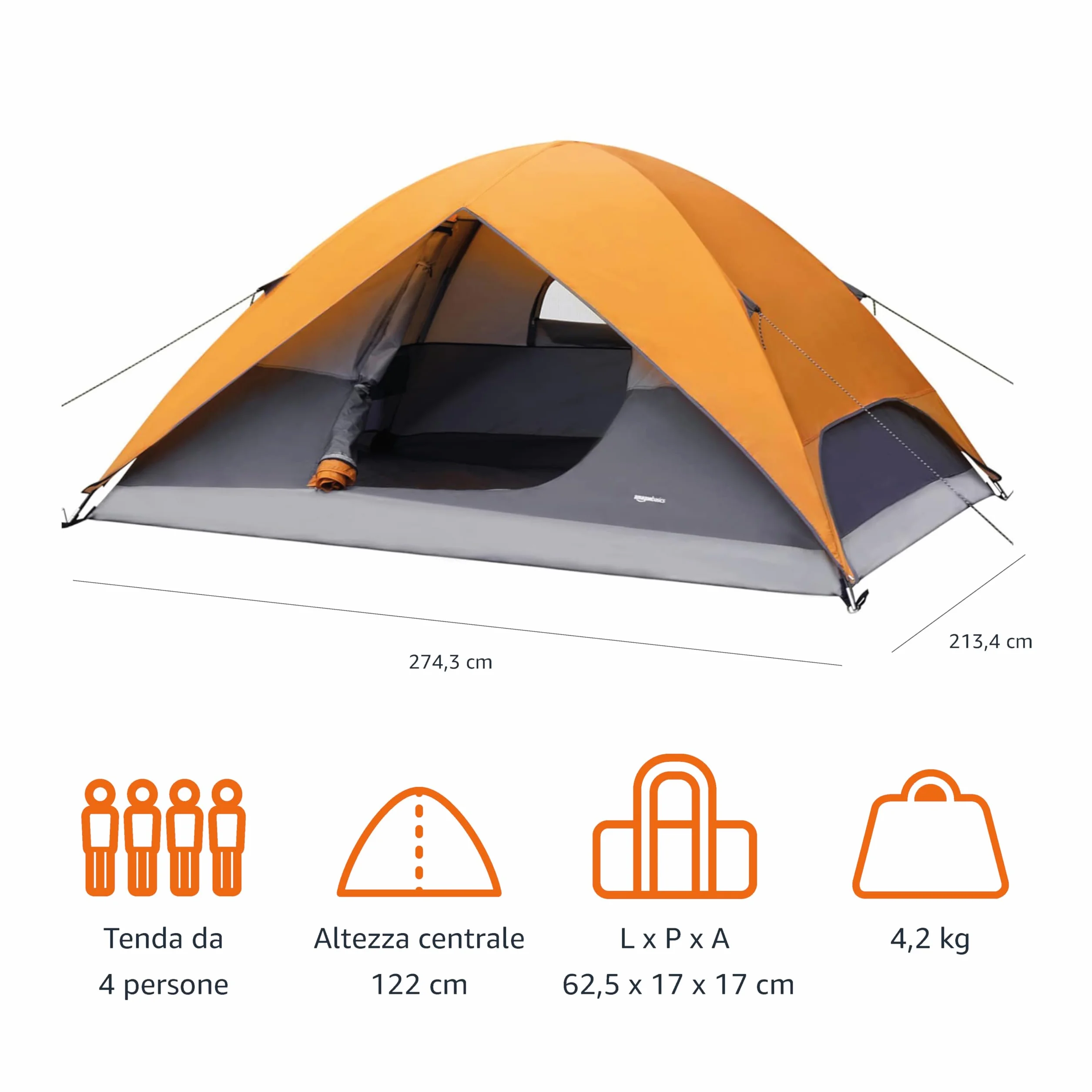 Amazon Basics Tenda da campeggio a cupola 6 persone impermeabile 3 stagioni con protezione antipioggia e custodia