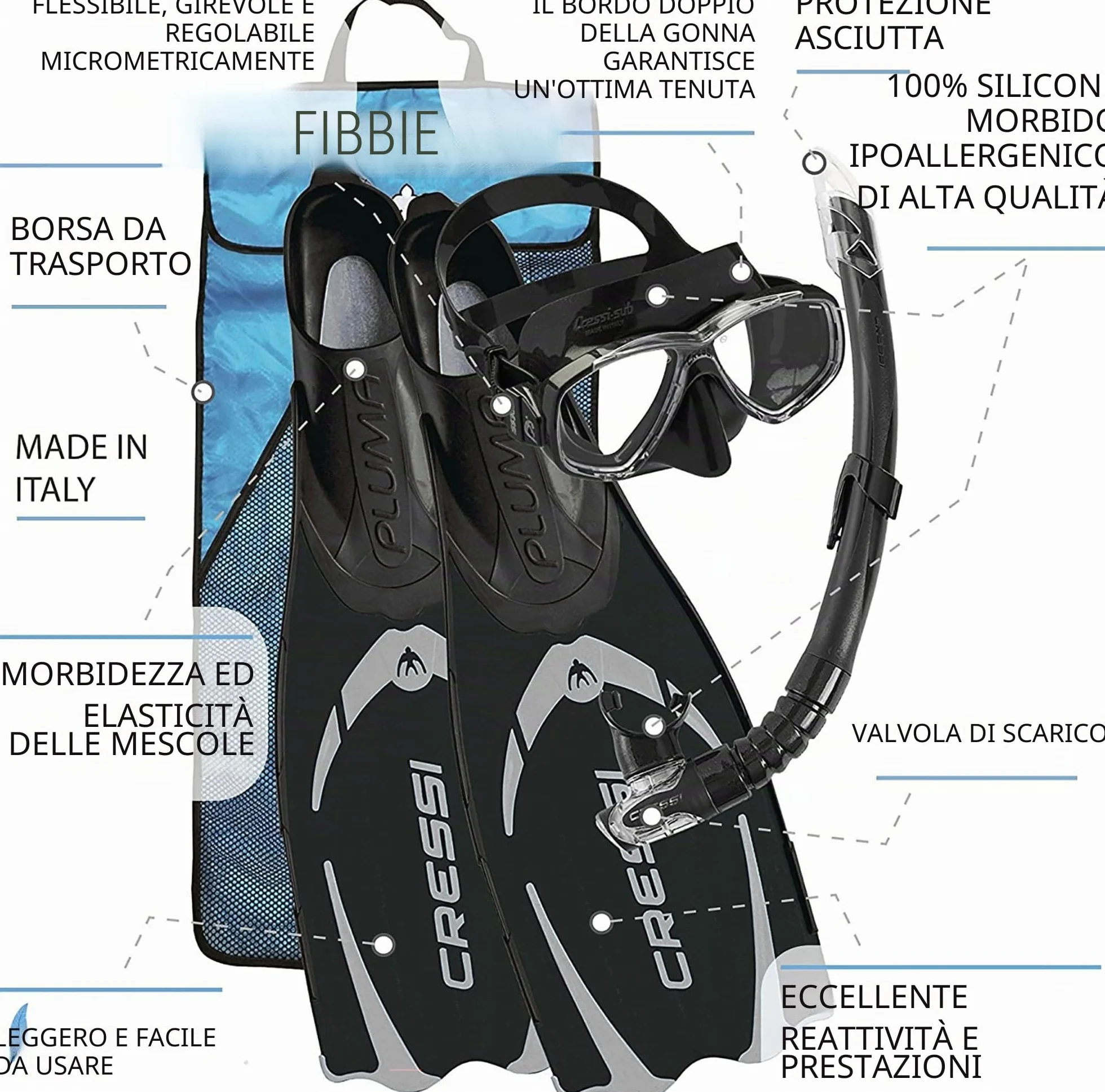 Cressi Pluma Bag Set Pinne Immersioni Apnea Snorkeling