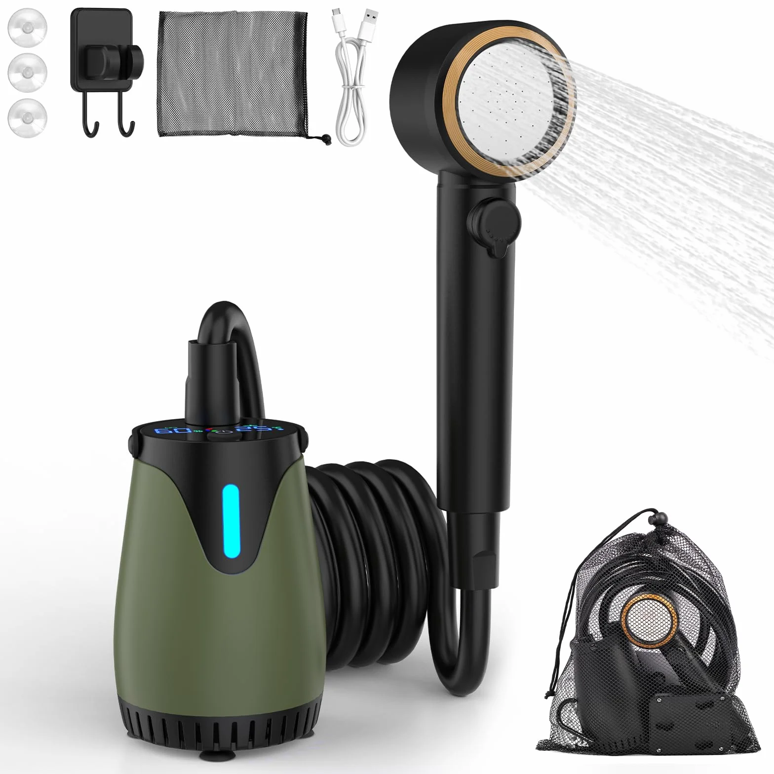 Doccia da Campeggio Portatile, 8000mAh Doccia Portatile Pompa Doccia Subacquea Ricaricabile USB Display LCD, IPX8, per Camper, Viaggio, Spiaggia, Animali Domestici