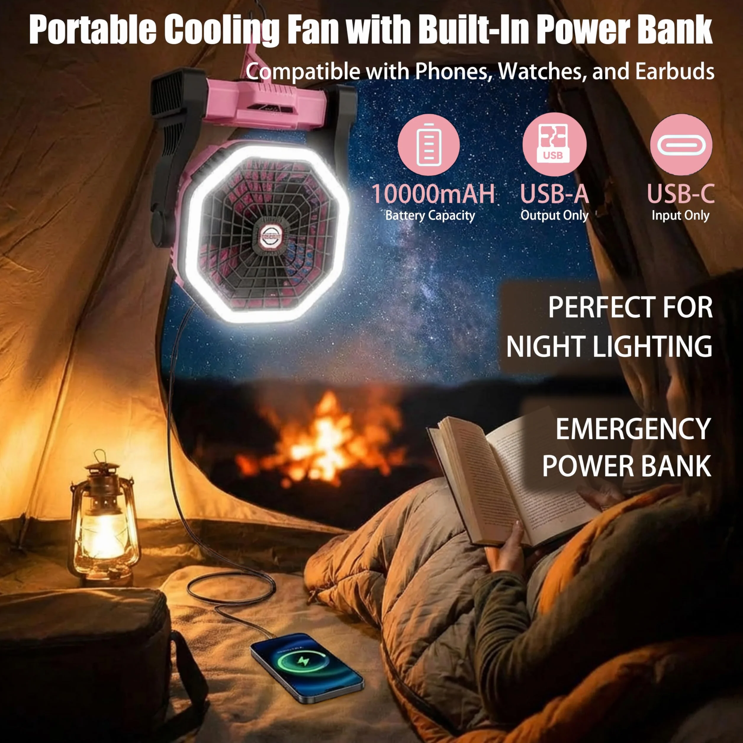 Ventilatore da Campeggio LED Portatile, 2-in-1 Ricaricabile, 4 Impostazioni di Velocità, Batteria da 10000mAh, 3 Modalità di Luce (Rosa)