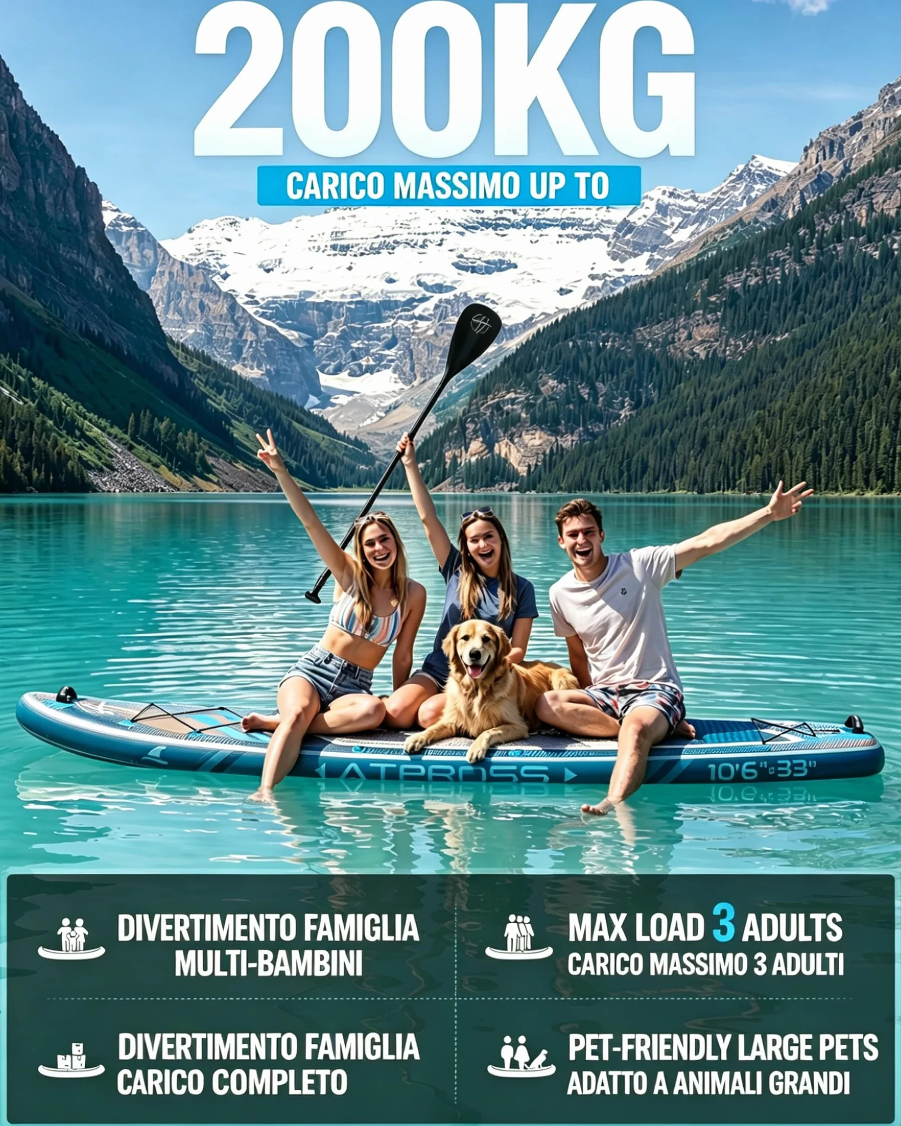 Tavola SUP Gonfiabile 320x84cm Stand Up Paddle Extra Largo per 2 Persone Portata 200kg con Sedile Kayak