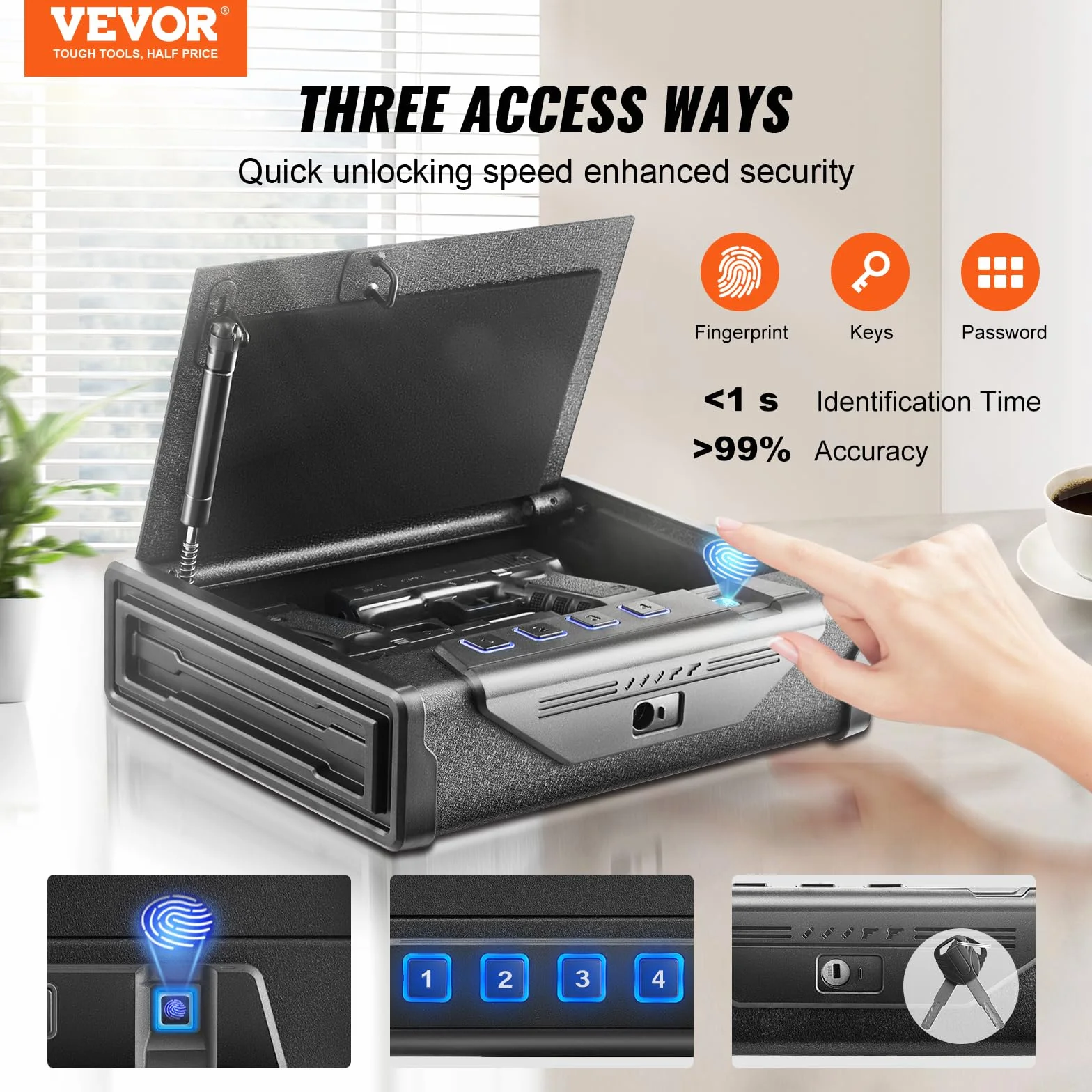 VEVOR Cassaforte per pistole biometrica impronte digitali password chiavi sicura 2 pistole casa comodino auto