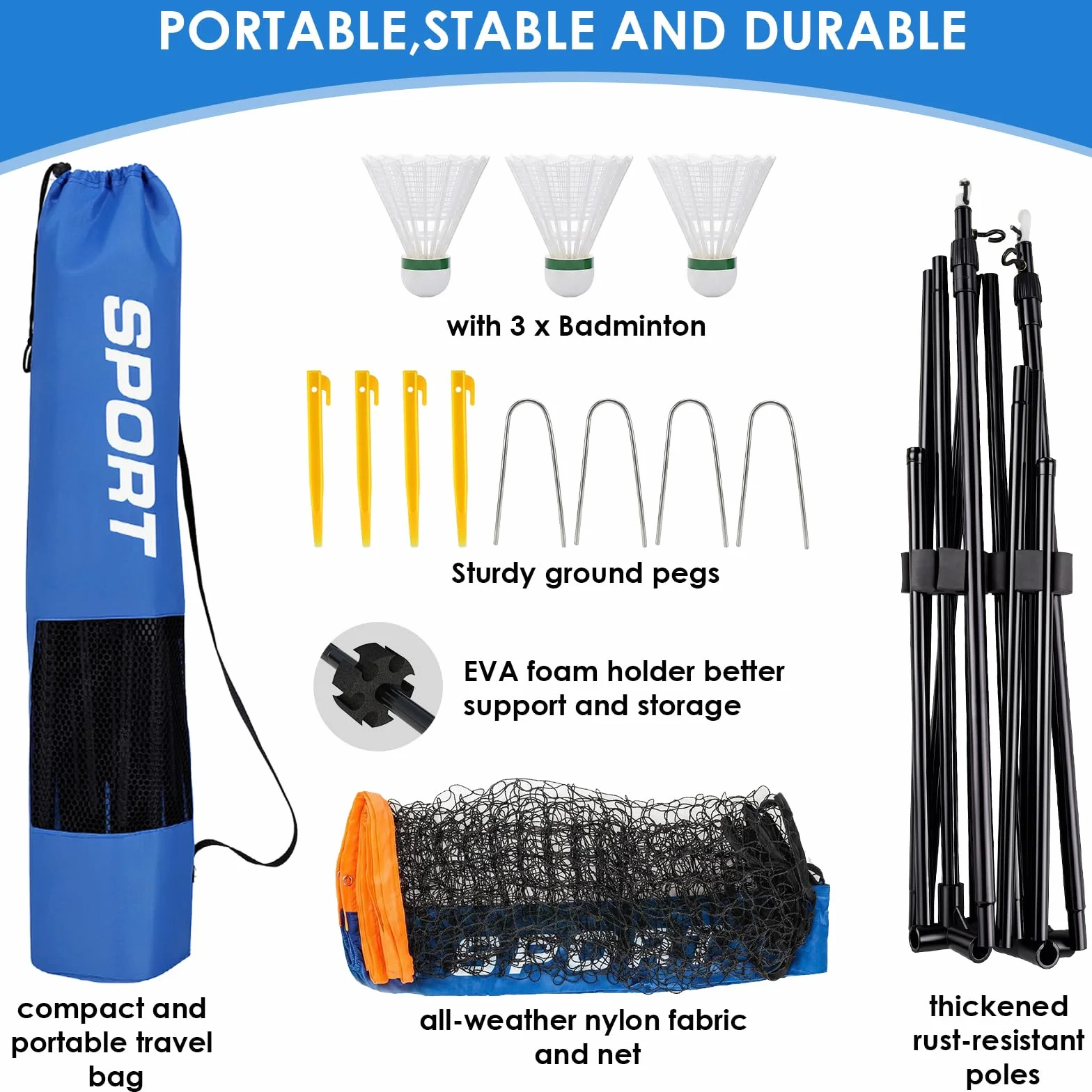 Filet de Badminton 4m/5m Portable pour Volley-Ball Pickleball Tennis Hauteur Réglable Nylon Pliable avec Sac de Transport