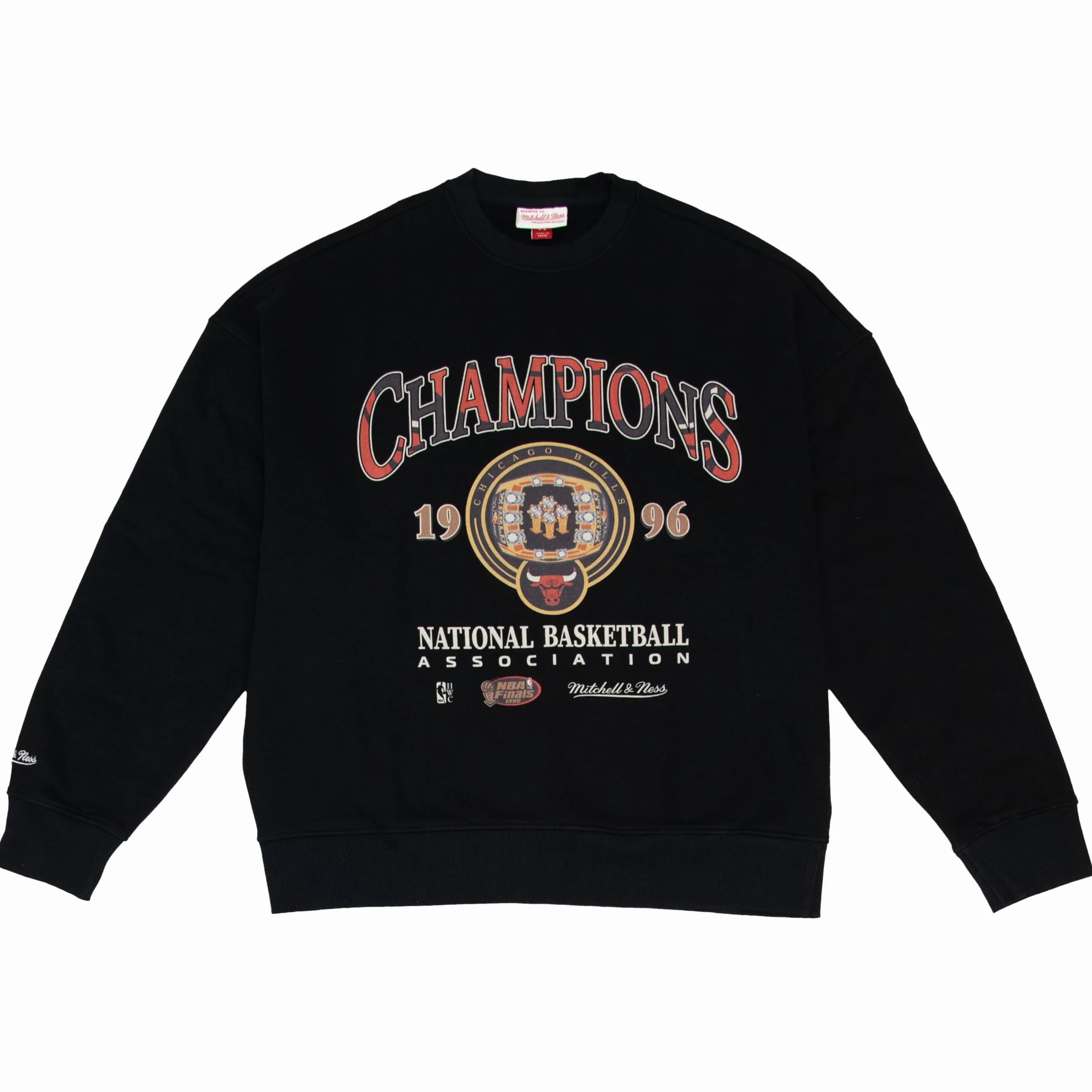 Mitchell & Ness NBA Championship Rings Crew Chicago Bulls 1996, maglione con scollo rotondo, nero, 100% cotone, unisex