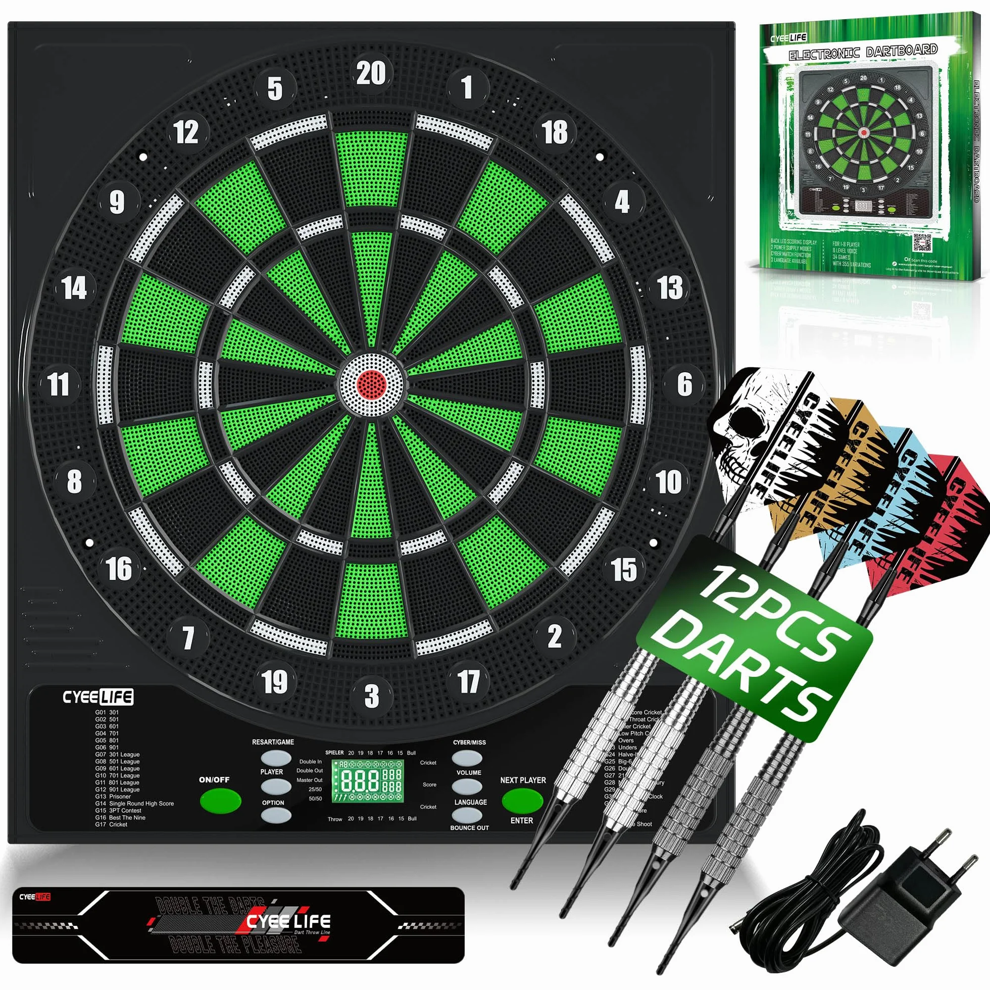 CyeeLife Tavola da Freccette Elettronica Dartboard 12 Frecce 50 Punte 24 Voli Accessori 1-8 Giocatori