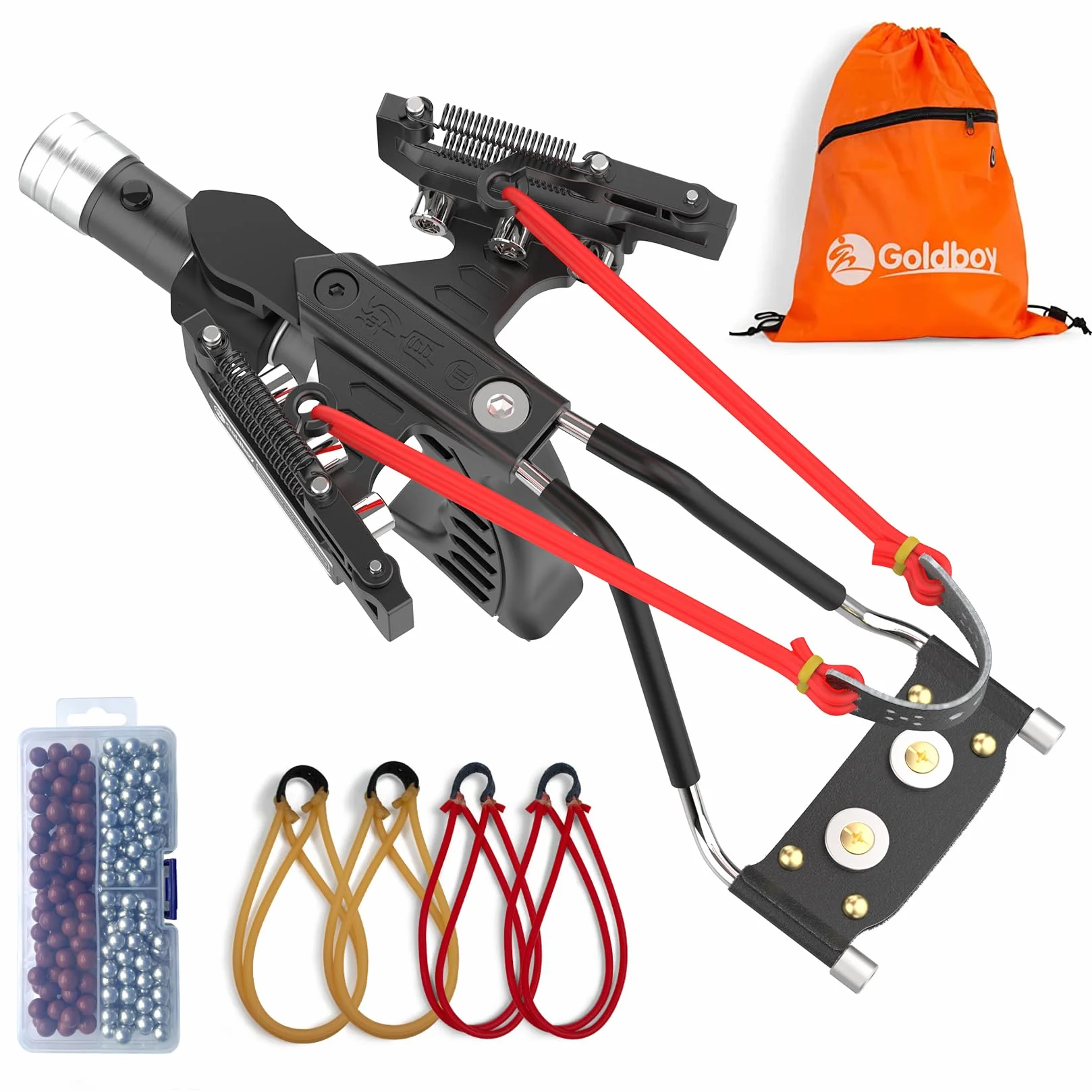 Goldboy Slingshot with Red Beam Sight, Wrist Rocket with Flashlight, Hunting Slingshot 4 Rubber Bands 220 Ammo Adults Black
