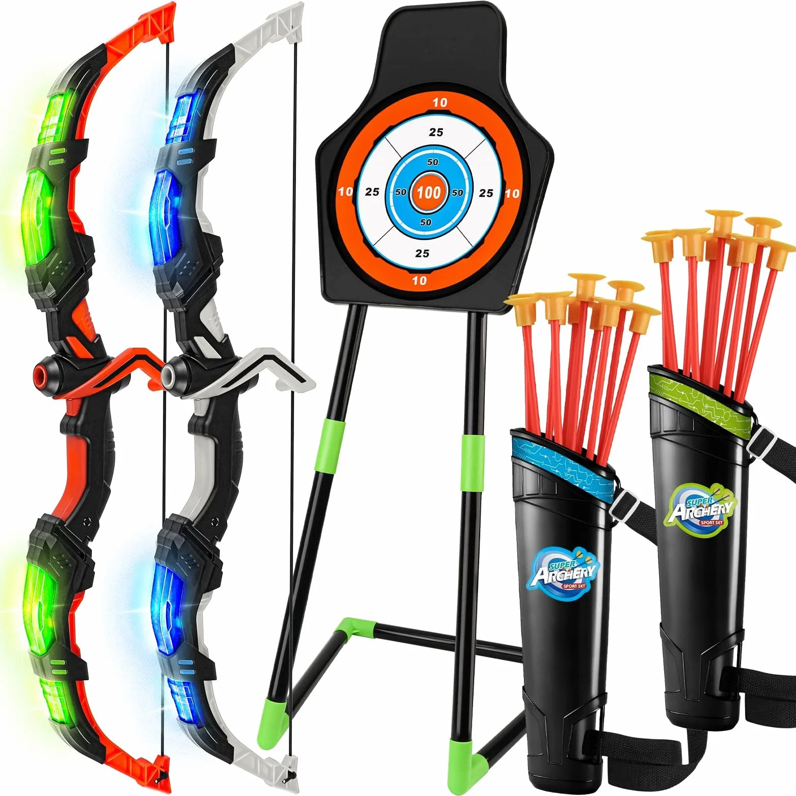 Set Tiro con l'Arco per Bambini con LED, 2 Archi, 20 Frecce, 1 Bersaglio, Giocattoli da Interno ed Esterno 6-10 Anni