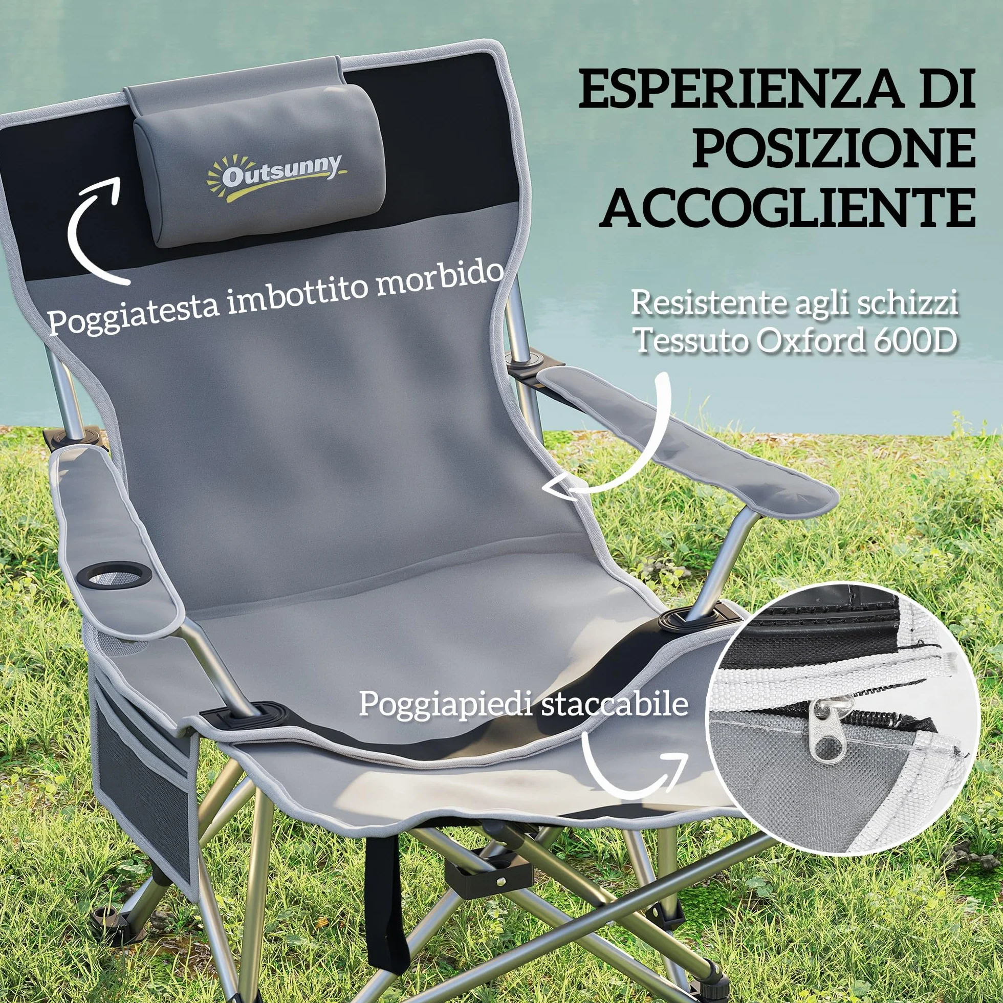 Outsunny Sedia da Campeggio Pieghevole con Poggiapiedi Staccabile, Portabicchieri e Tasca Laterale, Sedia da Giardino in Tessuto Oxford e Metallo, Portata Fino a 120 kg, 82x100x88 cm, Grigio