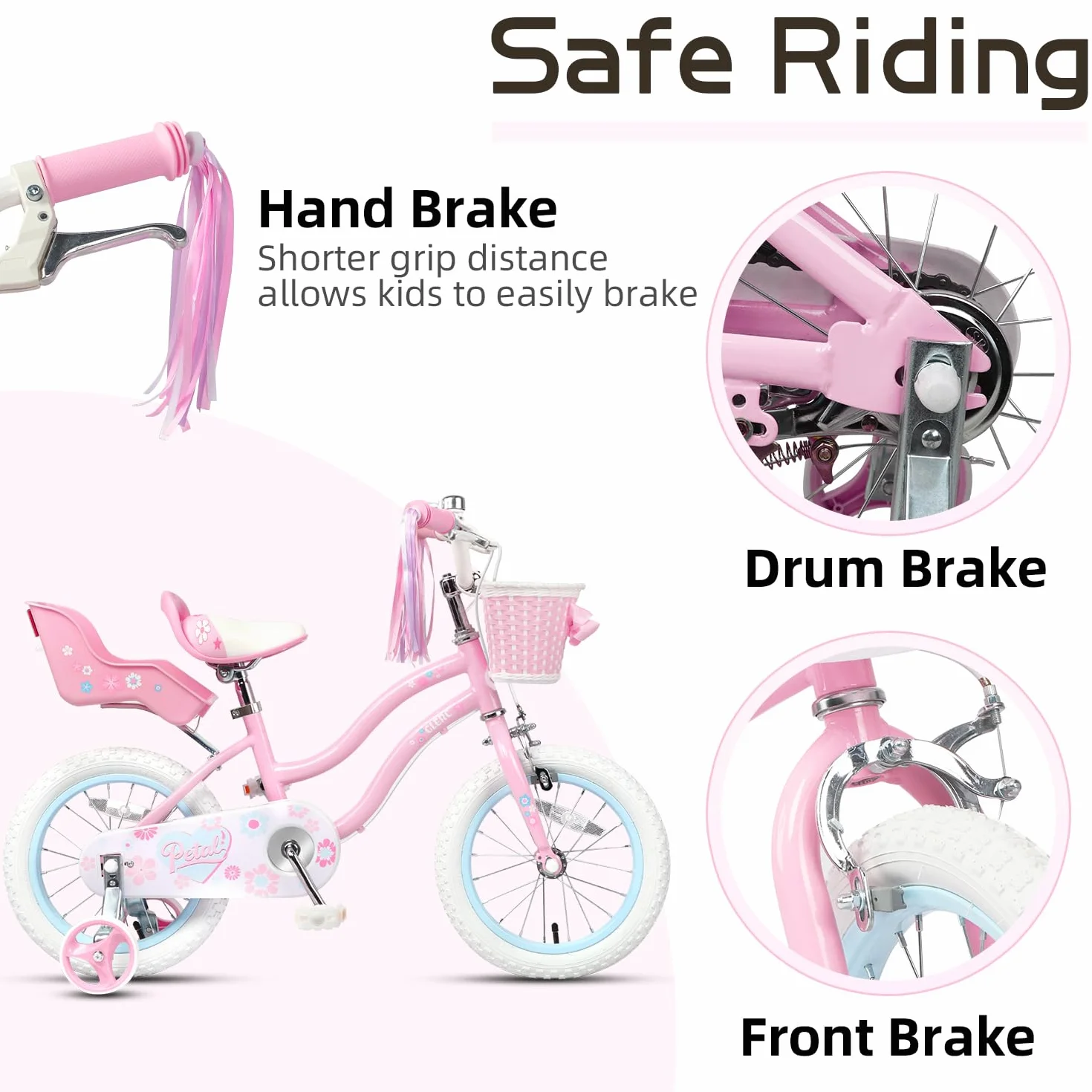 Bicicletta per Bambini 12 Pollici, Stile Principessa con Cestino e Rotelle di Supporto, Rosa