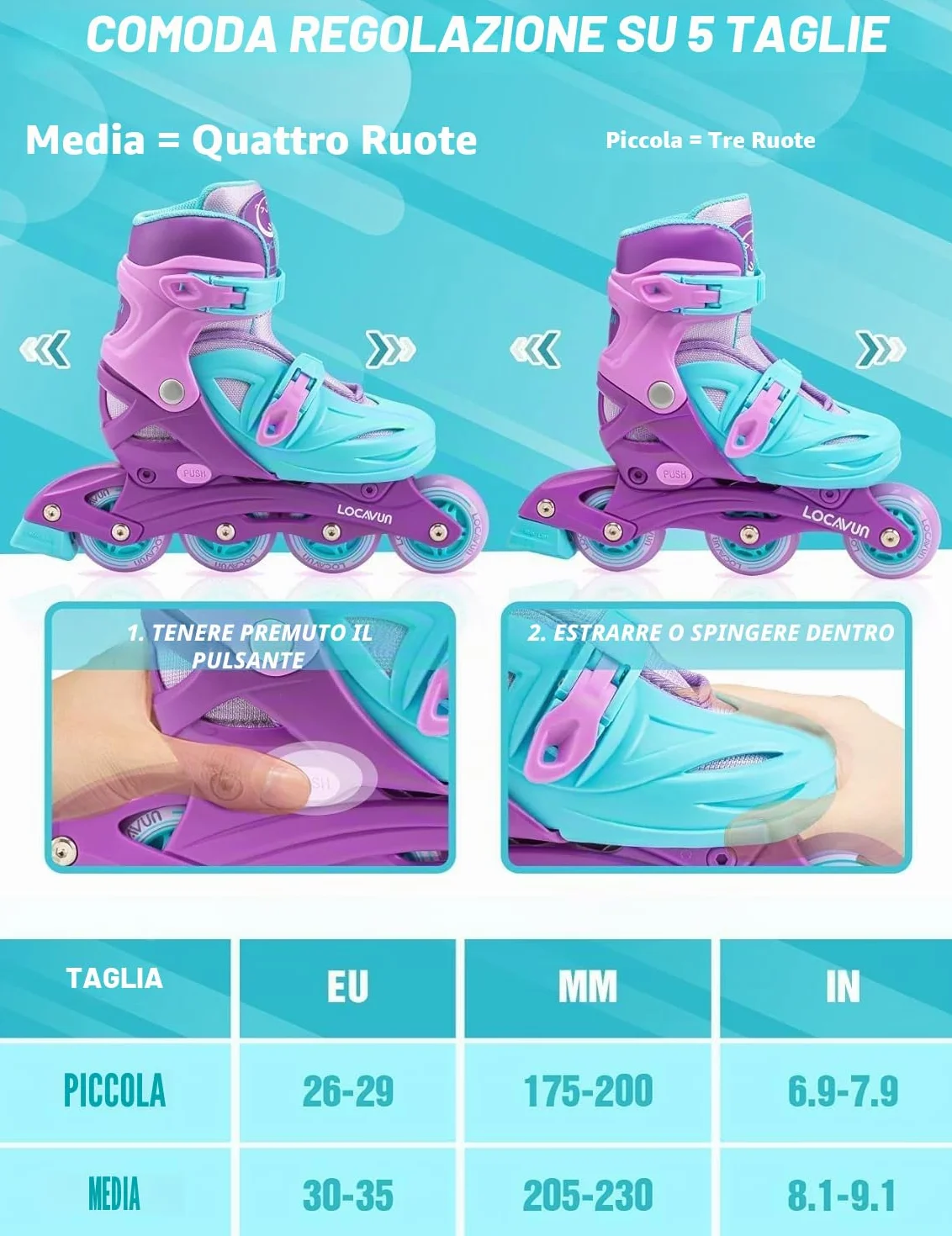 Pattini in linea 4 misure regolabili ruote PU 82A per bambini