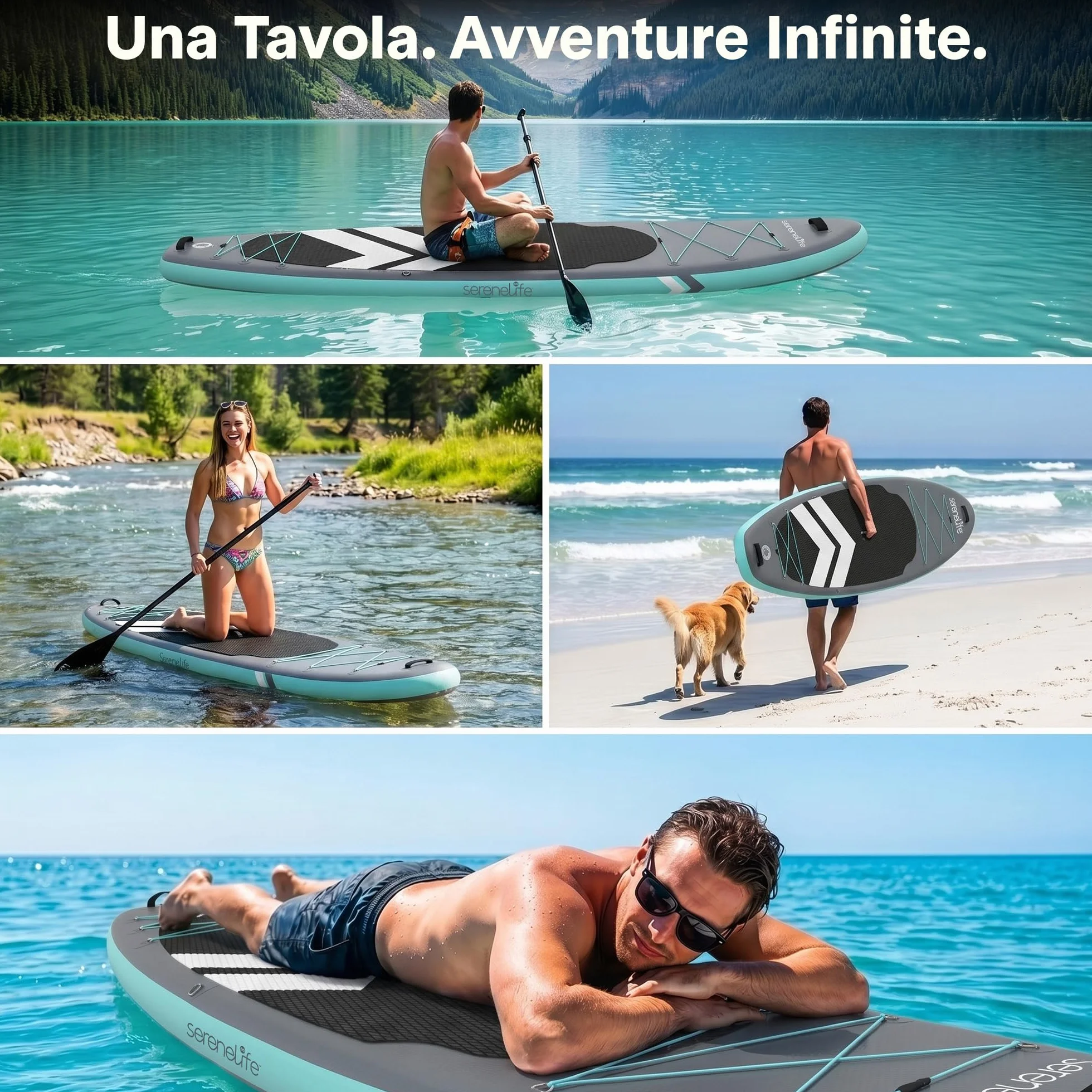 SereneLife SUP Gonfiabile Tavola Stand Up Paddle Board Ultraleggera Larga Stabile Deck EVA Antiscivolo Accessori Premium Capacità 159 kg