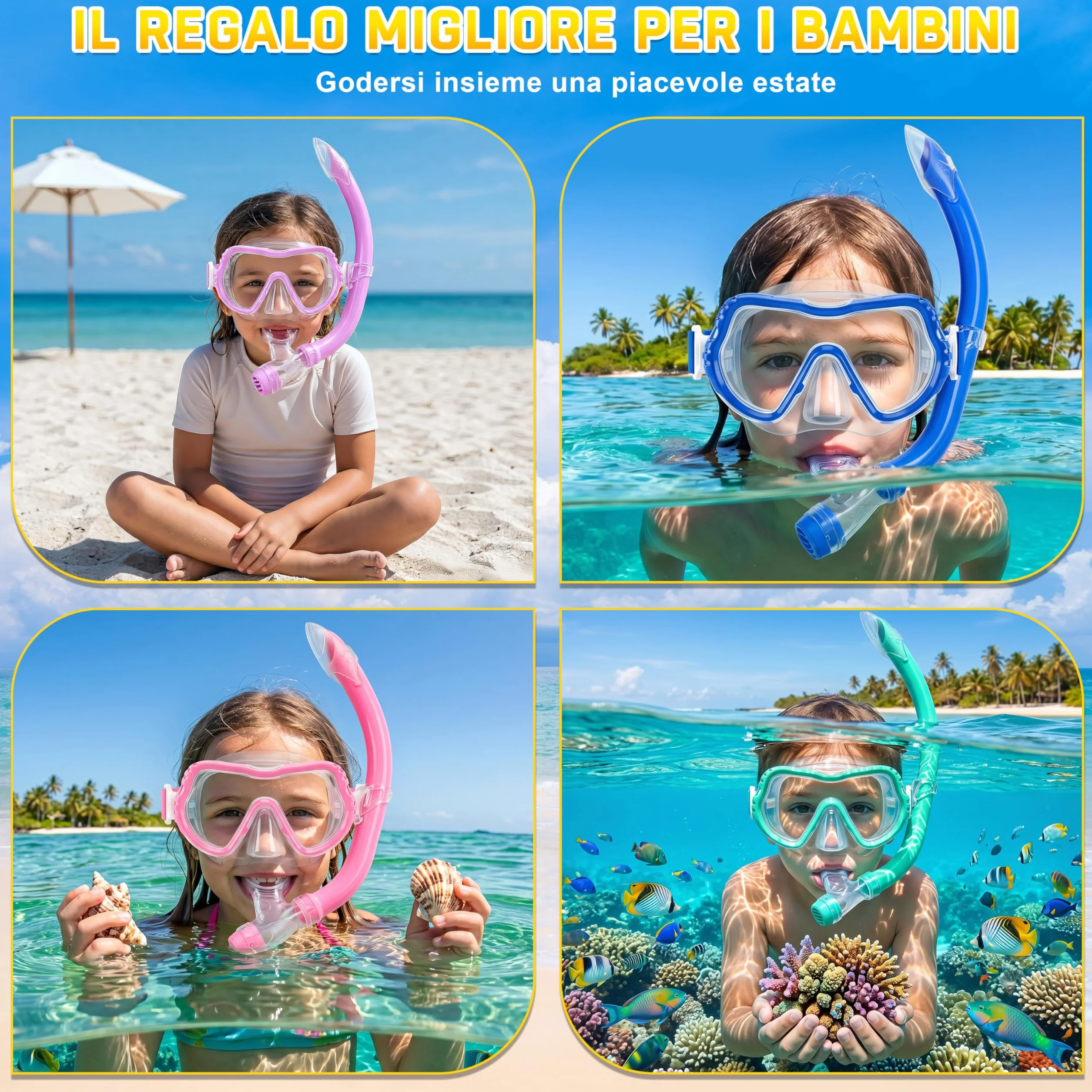 IEEILULU Maschera Subacquea Bambini Occhialini Boccaglio Tappi Impermeabili Retina Antiappannamento Visione Panoramica 180° HD 4 Colori
