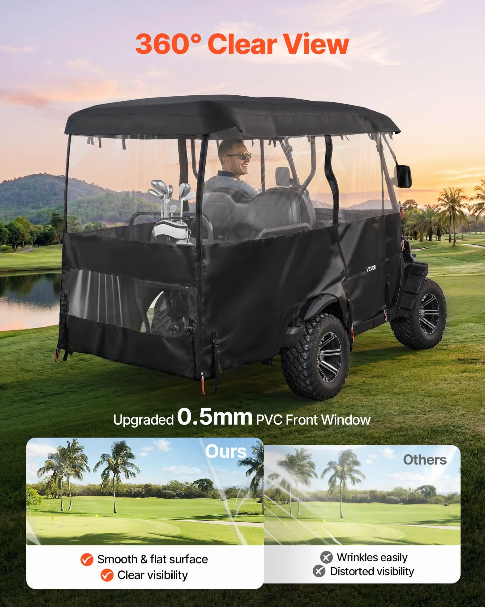VEVOR Copertura per Carrello da Golf Visibile Antipioggia 4 Posti Tessuto Oxford 600D Impermeabile Finestre PVC Trasparente