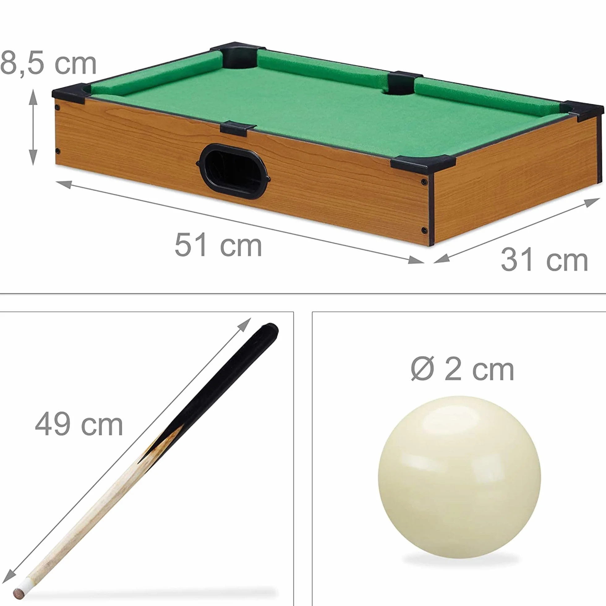 Mini tavolo da biliardo mobile 51x34x9.5 cm legno chiaro feltro verde 2 stecche 16 palle triangolo gesso