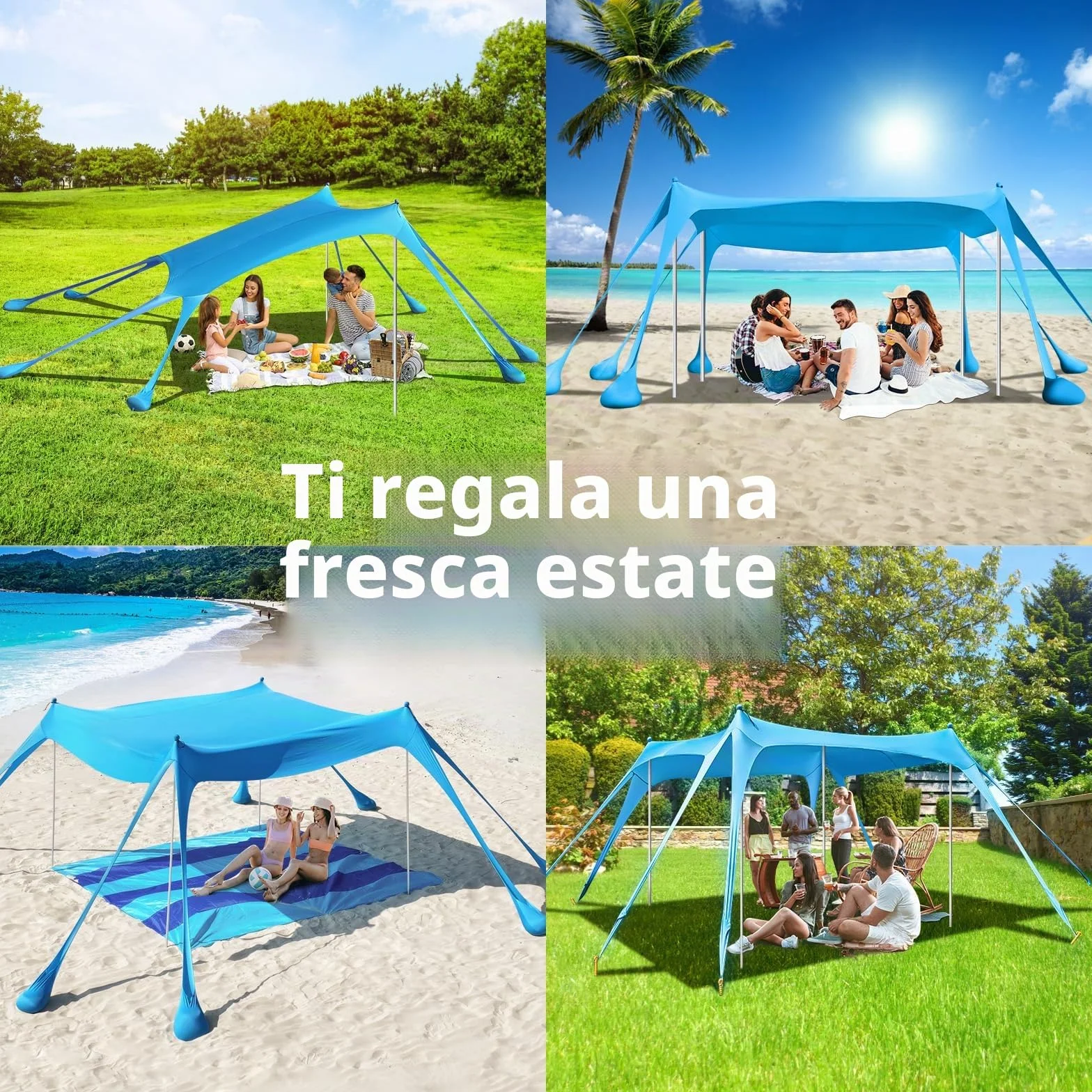 Rhino Valley 3x3m Tenda da Spiaggia Ultra Stabile Portatile, Protezione UV UPF50+ Tenda da Mare Super Antivento con 8 Ancoraggi a Sabbia Riempibili e 4 Aste in Alluminio