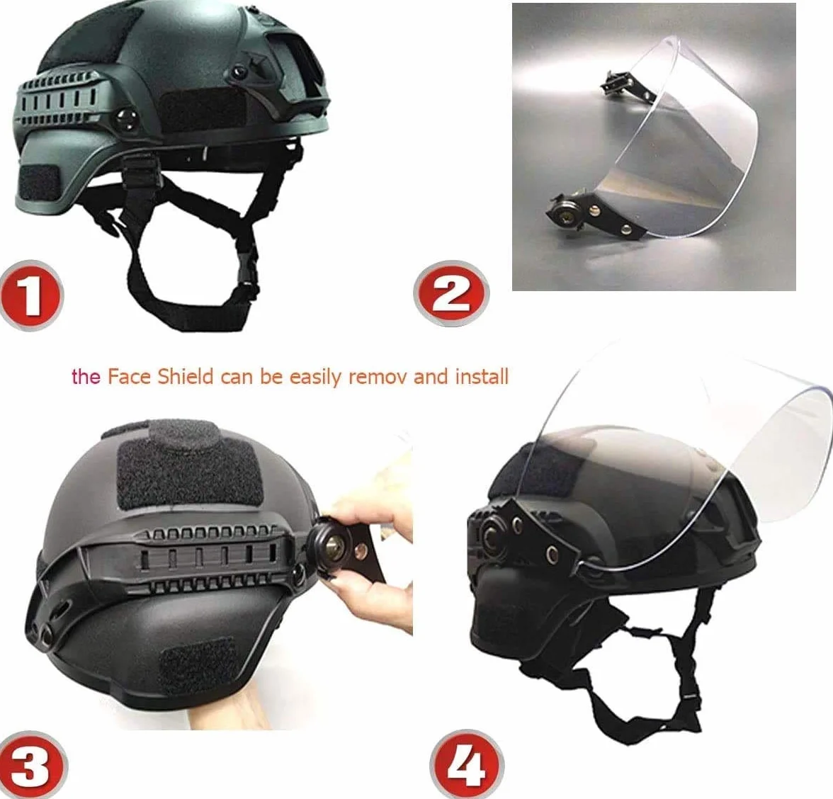 Casco Protettivo Tattico Airsoft Mich 2000 Action Version con Staffa NVG e Maschera Visiera Antivandalo