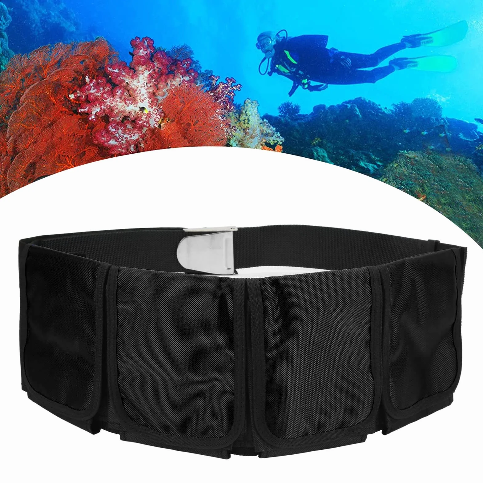 Cintura con Piombi da Sub in Tessuto Oxford 4 Tasche Fibbia Sgancio Rapido Regolabile per Immersioni Snorkeling Apnea
