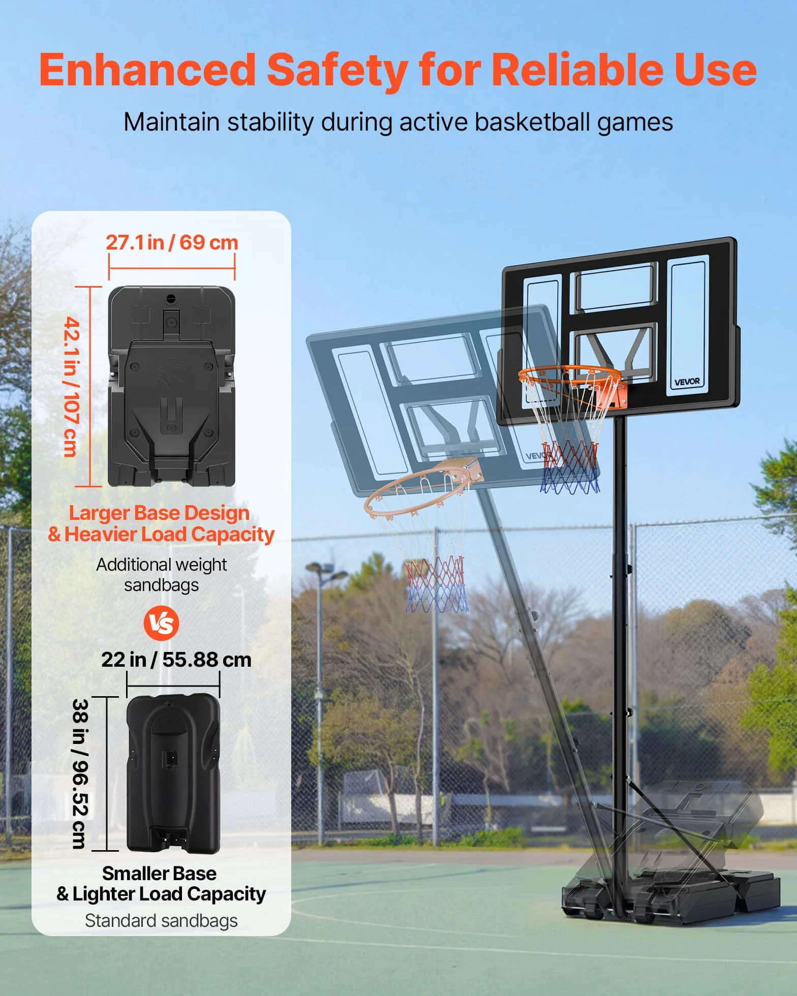 VEVOR Canestro da Basket da Esterno Regolabile in Altezza 3,05 m con Tabellone in PC 1117,6 mm e Ruote