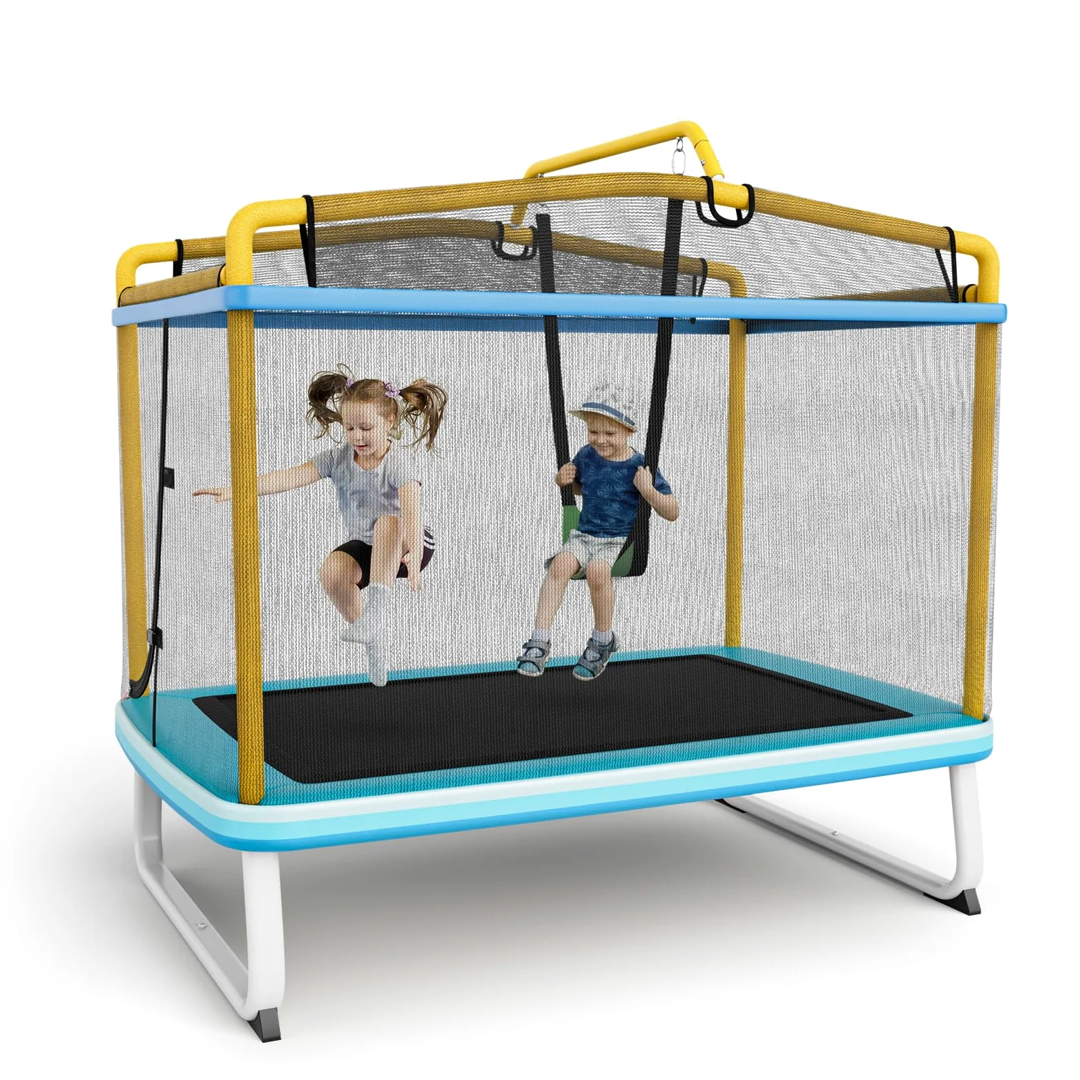KOMFOTTEU Trampolino per Bambini 3-8 Anni, Tappeto Elastico Bambini 3 in 1 con Altalena Rimovibile e Barra Orizzontale, Saltarello da Esterno e Interno, Portato 110 kg, 190 x 124 x 172 cm