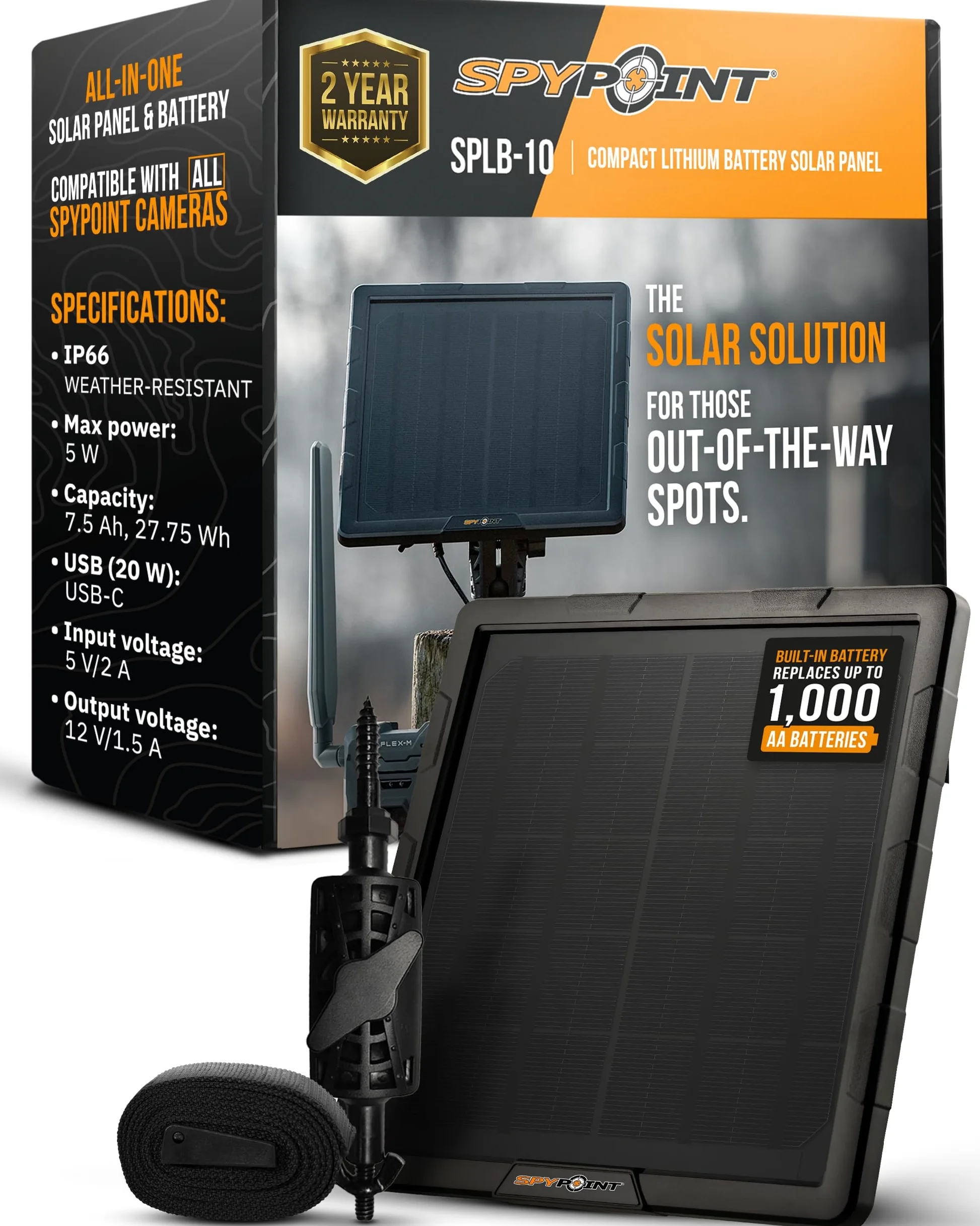 SPYPOINT Pannello solare SPLB-10 per fotocamere Trail – include una batteria interna, capacità della batteria 7500 mAh, presa di alimentazione 12 V, impermeabile IP66, rotazione a 360° e braccio di