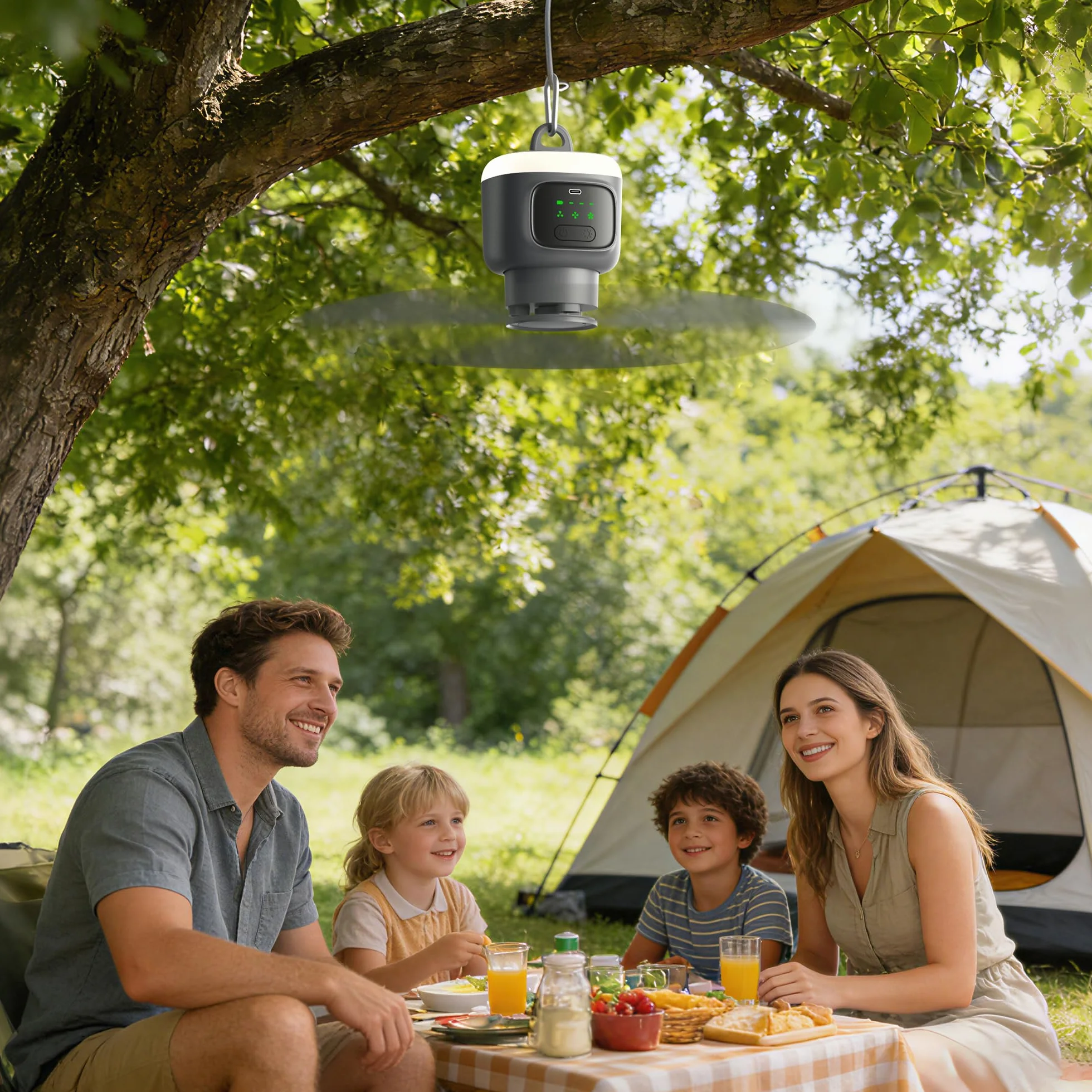 VVU&CCO Ventilatore da soffitto portatile ricaricabile con luce, 12000 mAh, funzionamento a batteria, tempo di utilizzo fino a 16 ore, regolazione 4 velocità, timer 2/4/8 ore, ventilatore da soffitto