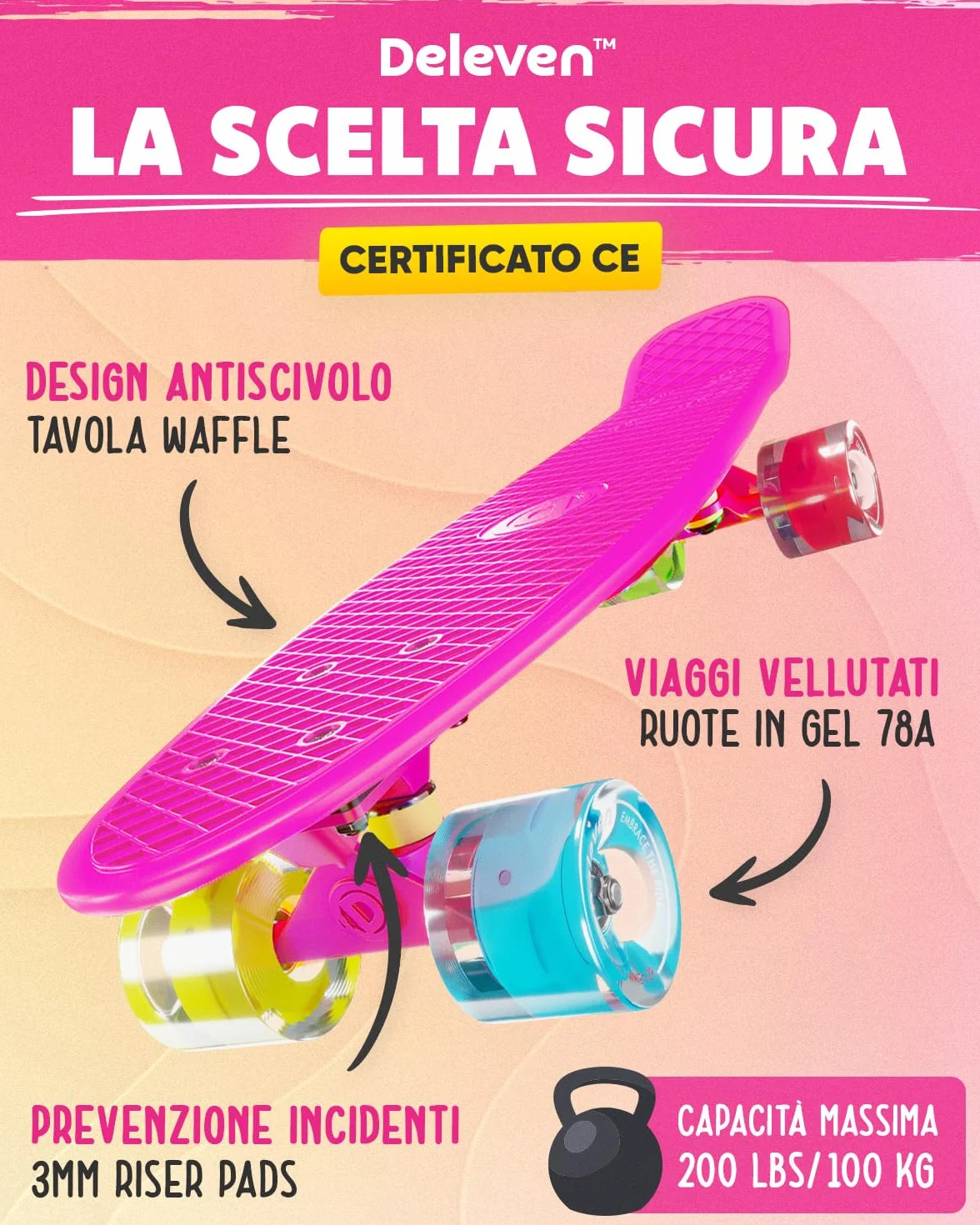 Deleven Skateboard 56cm con Ruote LED, Tool per Skate e Cuscinetti Abec 7 - Per Bambini Principianti Ragazze Ragazzi Adolescenti Adulti