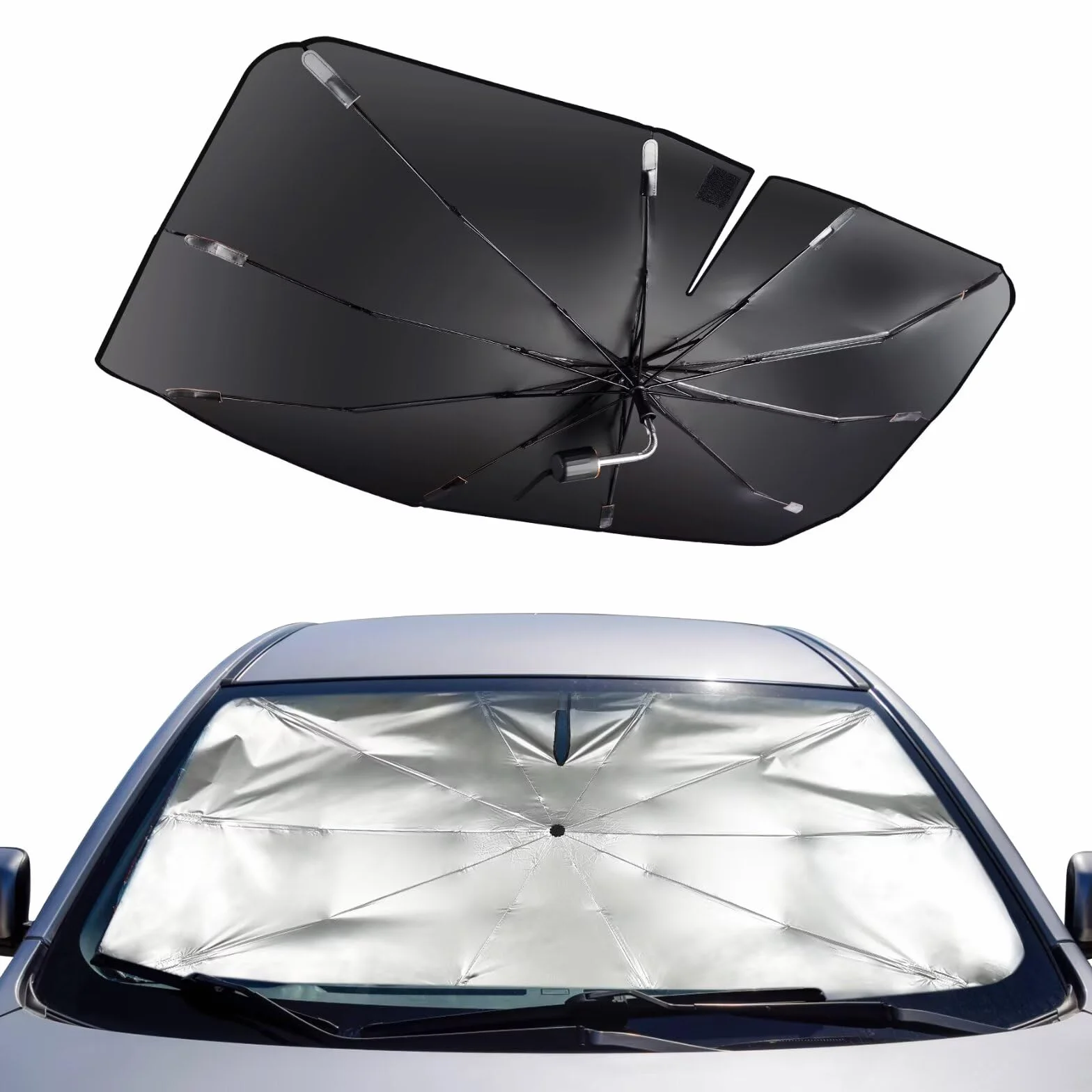 Parasole Auto Parabrezza Ombrello per Auto Finestrino Anteriore Barra di Supporto Pieghevole 360°Rotabile