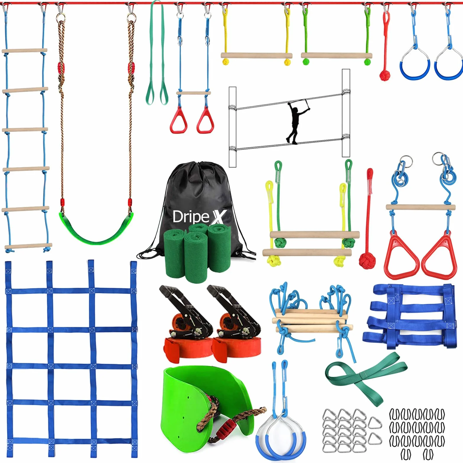 Dripex Percorso ad Ostacoli Ninja per Bambini 15m×2 Slackline 10 Ostacoli durevoli Allenamento all'aperto Cortile Altalena Rete Scala Arrampicata
