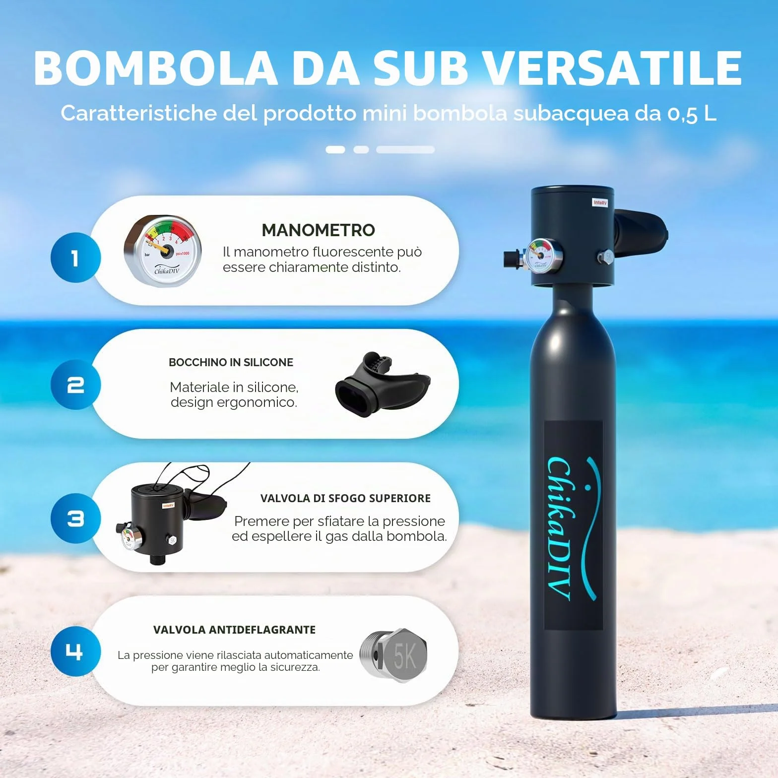 Mini Bombola Ossigeno Subacquea C300 0.5L Alluminio Aeronautico 5-10 Min Portatile Snorkeling