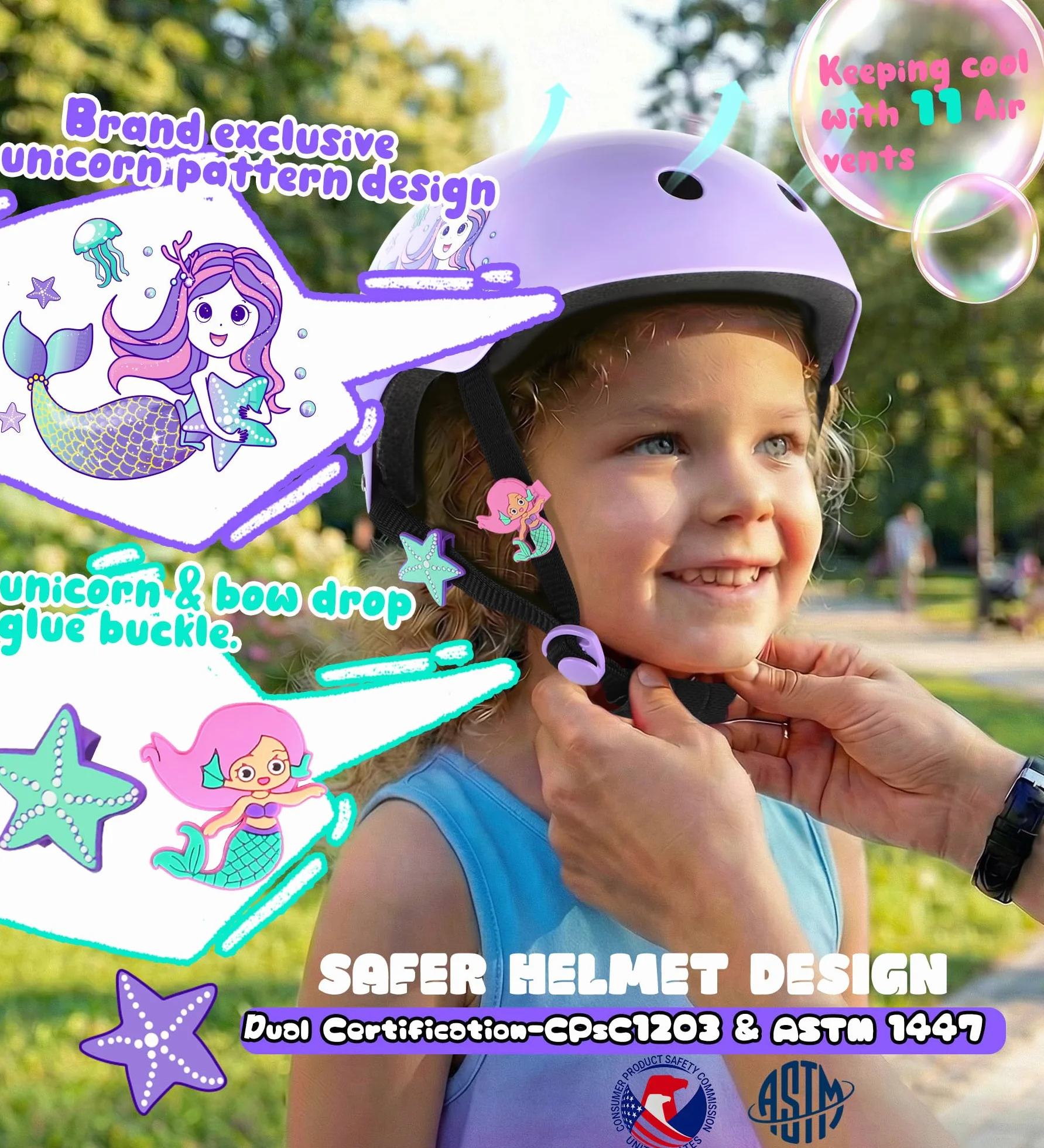 Sirenetta Set Casco Protezione Bambina Regolabile Ginocchiere Gomitiere Bici Skateboard Hulajnoga