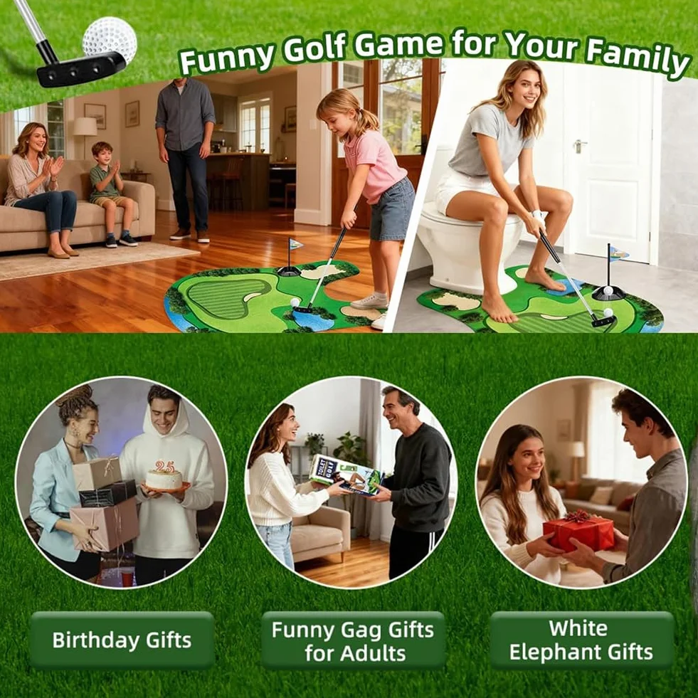 Set di Giochi da Golf per WC, Mini Golf in Bagno con Tappetino da Putting - 7 Pezzi