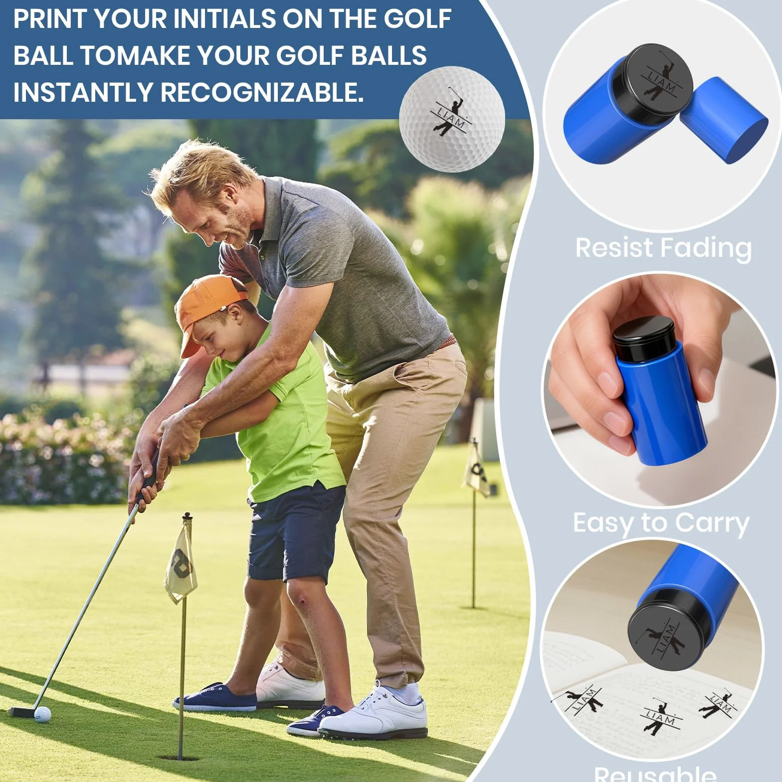 Timbro personalizzato autoinchiostrante per pallina da golf con monogramma