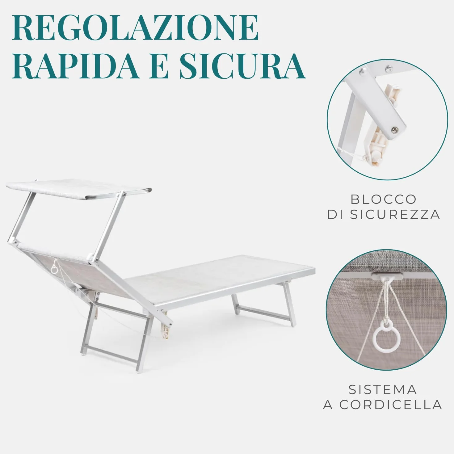 PALUPLUS Lettino Prendisole Professionale in Alluminio, Misura 186x61x40 cm, Tessuto Textilene, con Tetto Parasole e Schienale Regolabile, per Spiaggia, Lido, Piscina, Portata 150Kg -8441F (Grigio)